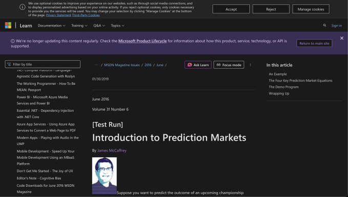 A webpage screenshot displaying an article titled "Introduction to Prediction Markets" by James McCaffrey. The page includes a photo of James McCaffrey, text about prediction markets, and a Microsoft logo in the top left corner. Visible text includes the date "June 2016," volume and issue numbers, and article content.