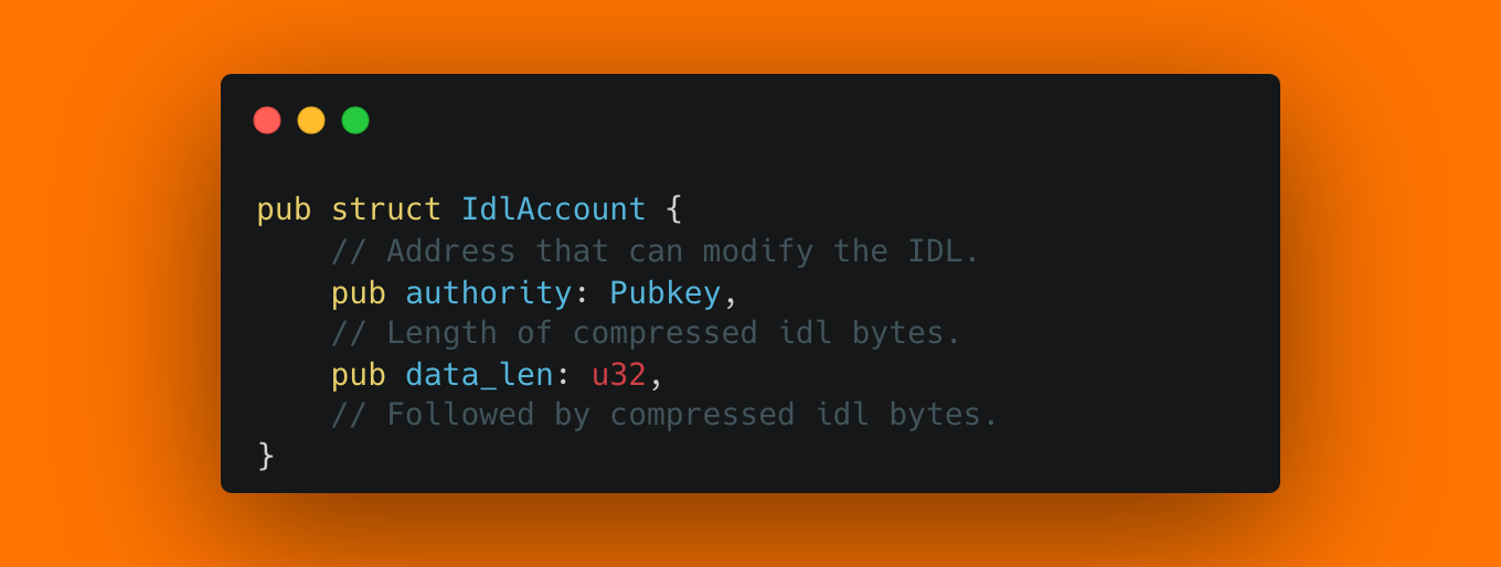 IdlAccount 结构。data 字段未在代码库中显式声明