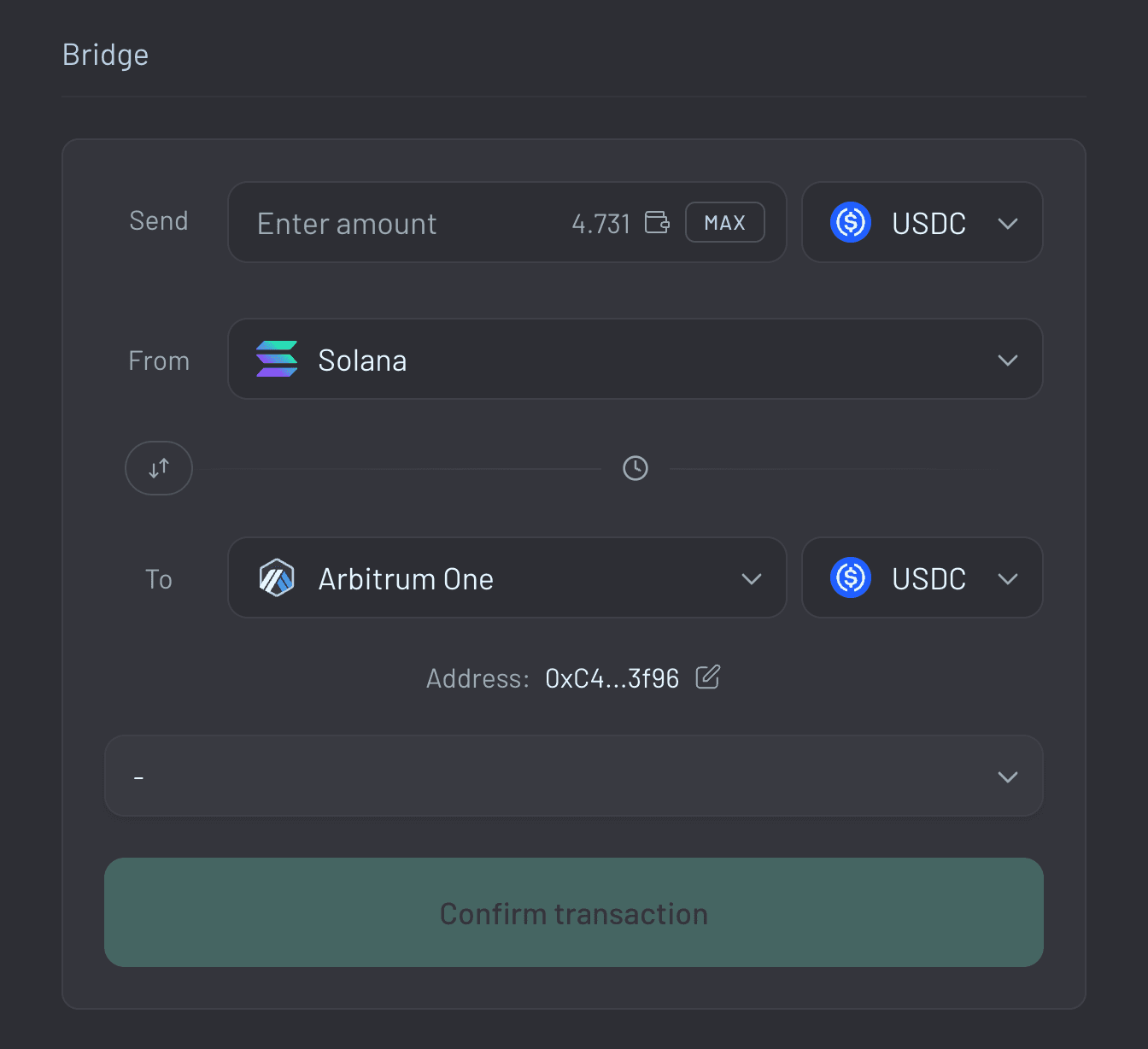 选择 USDC 或 USDT 以及你的来源链。