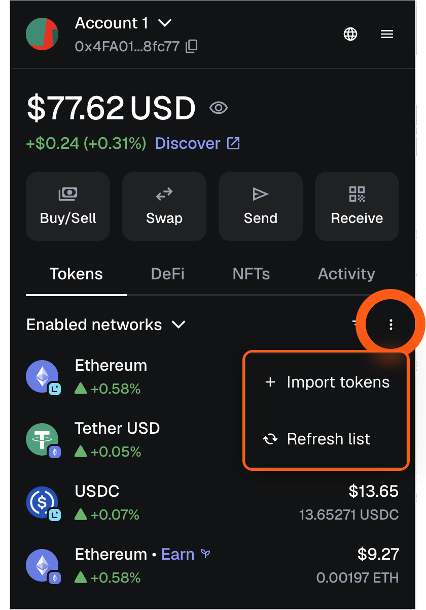 MetaMask 扩展程序代币选项卡刷新列表或导入代币