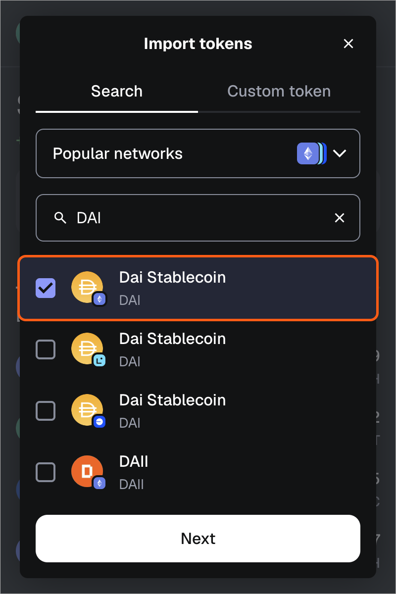 MetaMask 扩展程序选择要导入的代币