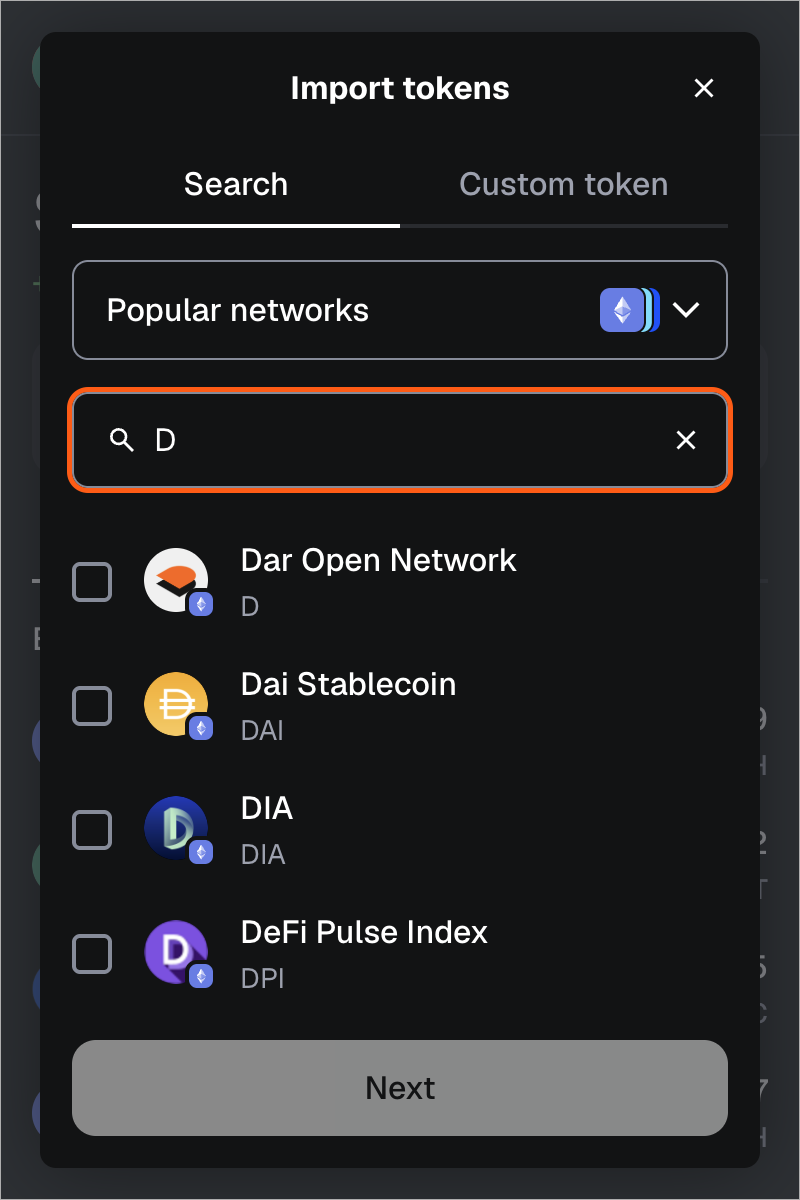 MetaMask 扩展程序搜索要导入的代币