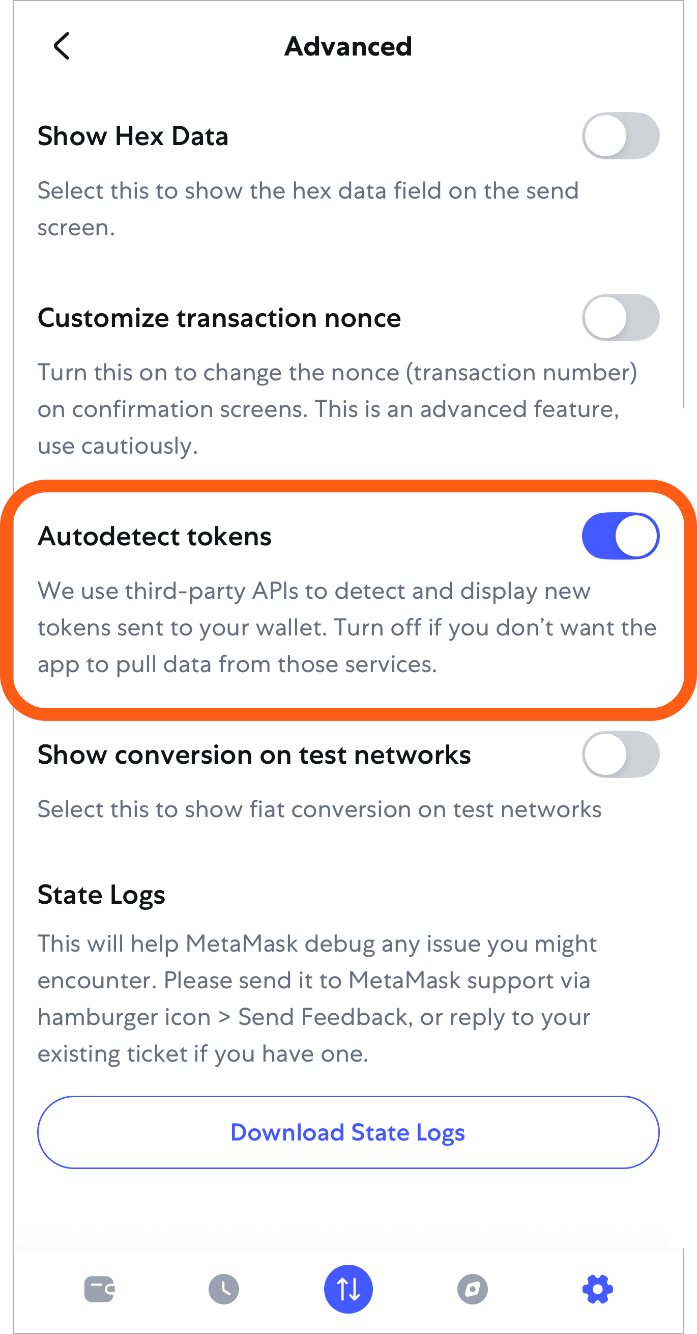 MetaMask 移动端自动检测代币设置开关