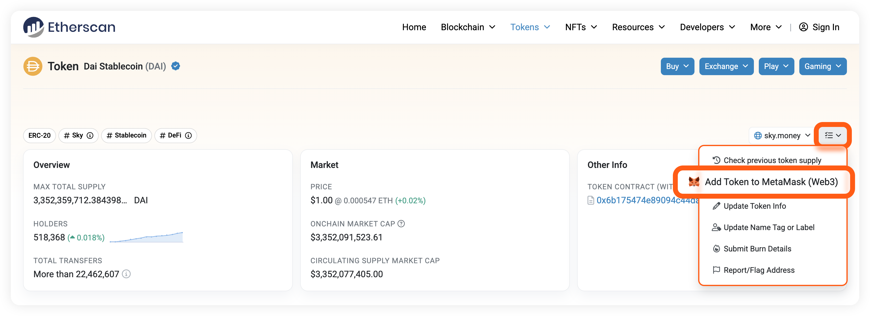 Etherscan 将代币添加到 MetaMask 菜单选项