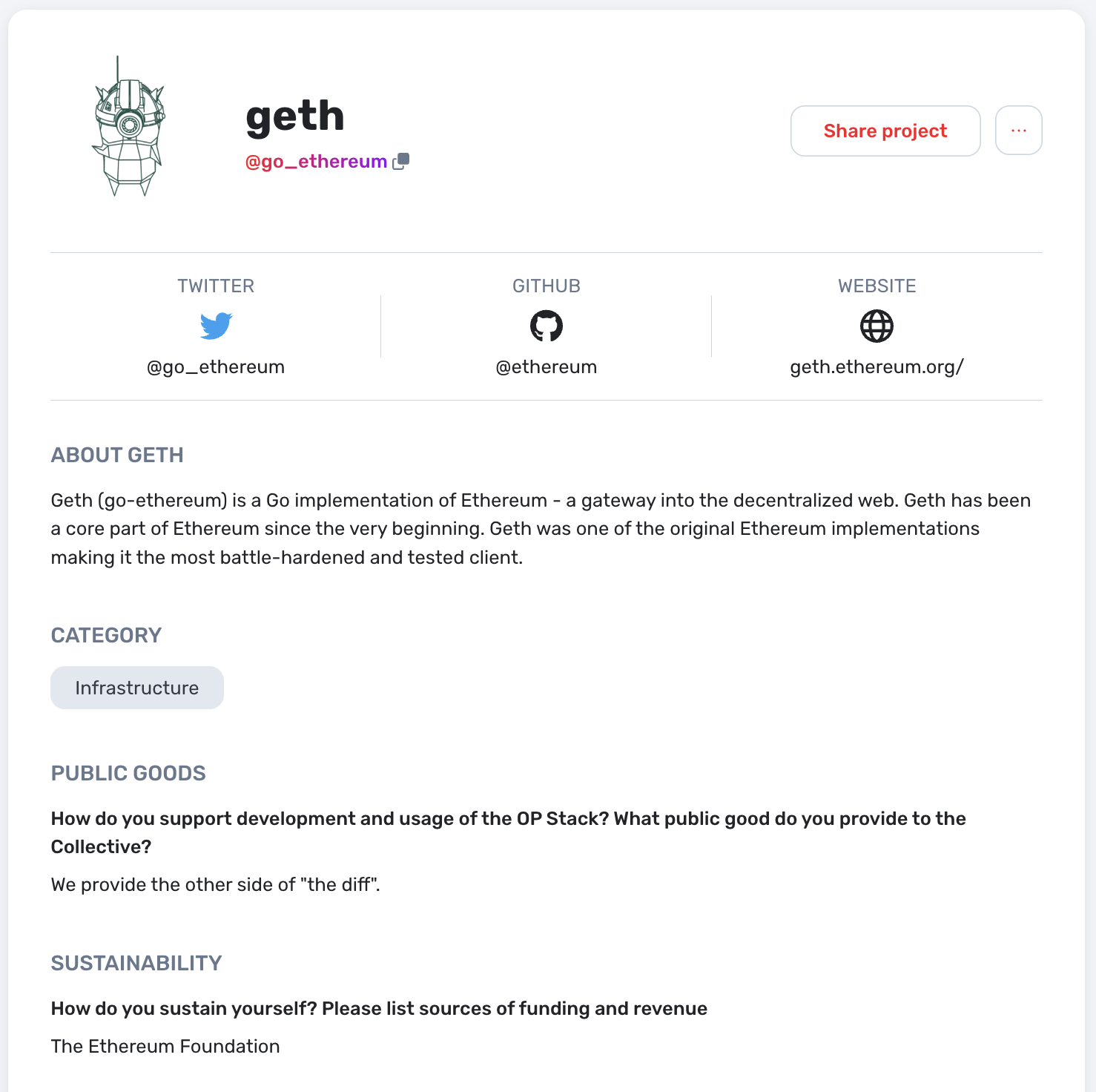 Geth 的项目资料：https://app.optimism.io/retropgf-discovery/0x60AdC0F89a41AF237ce73554EDe170D733ec14E0