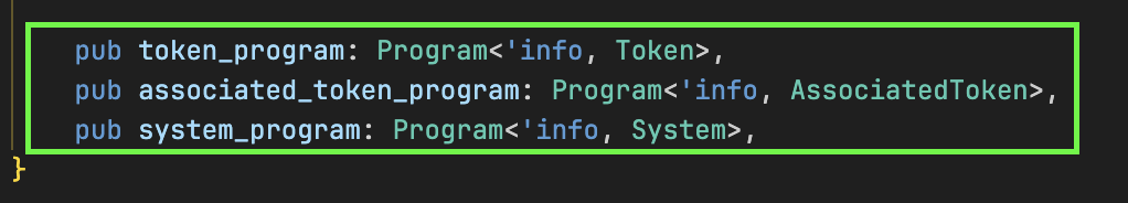 显示 Token Program、关联 Token Program 和 System Program 的代码