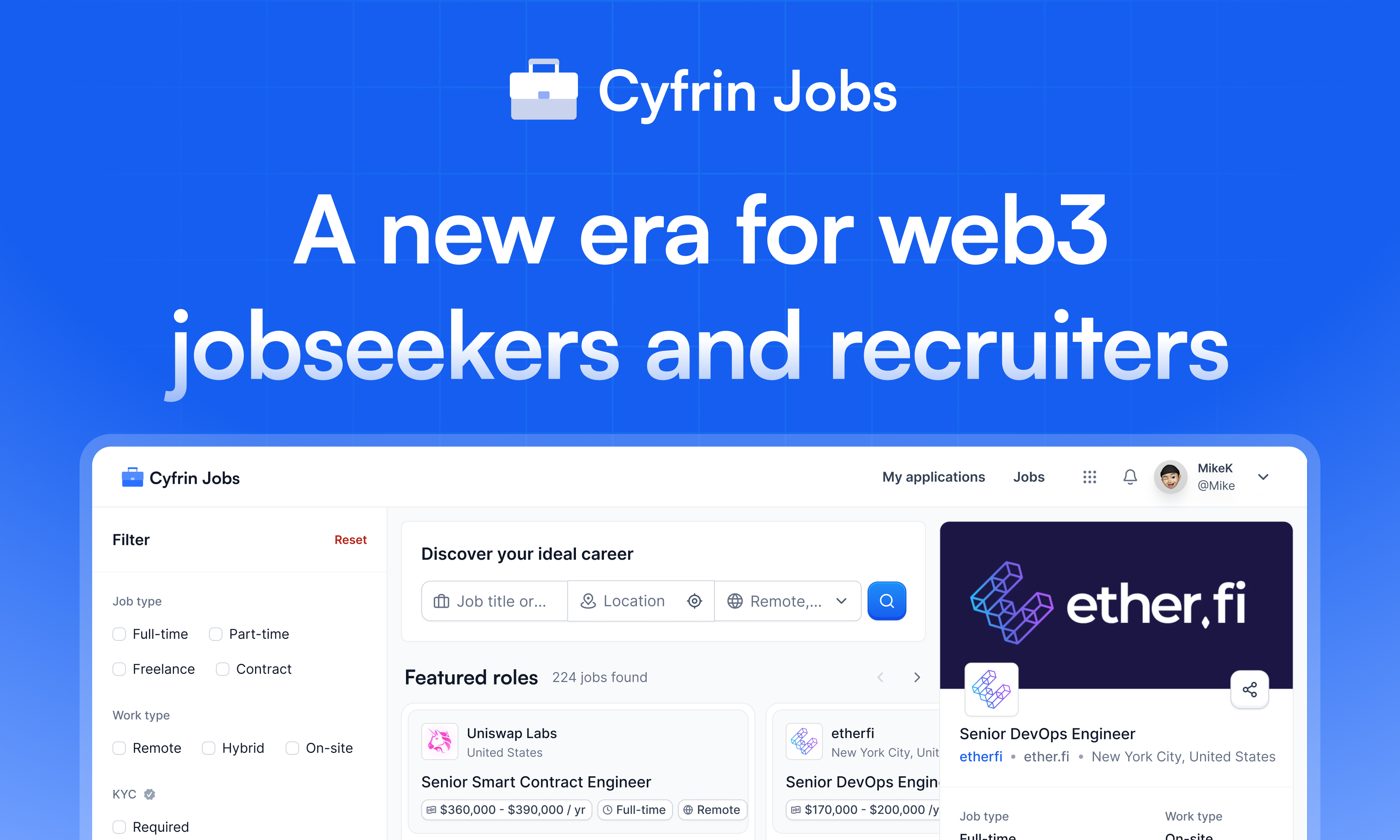Cyfrin Jobs 的宣传图片，突出了该平台的界面，并包括标题“web3 求职者和招聘者的新时代”