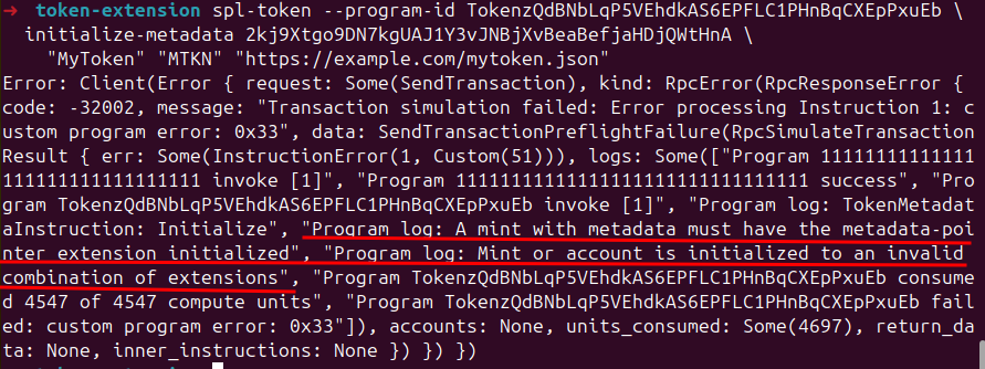 终端的屏幕截图，说明了如果在之前的命令中没有运行 `--enable-metadata` 就初始化元数据扩展会发生什么