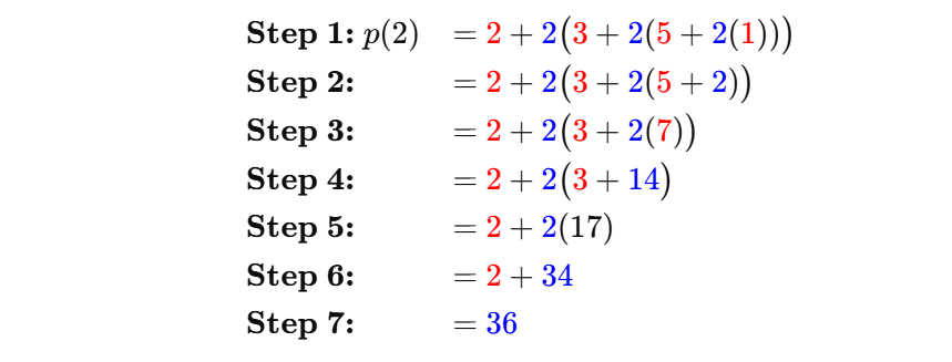 使用霍纳方法进行逐步乘法,交替进行乘法和加法运算。