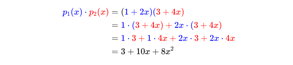 通过乘法对加法的分配律逐步计算 p1(x) 和 p2(x) 的乘积。