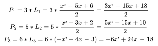 P_1 = 3 * L_1 = 3 * \frac{x² — 5x + 6}{2} = \frac{3x² — 15x + 18}{2} \\ P_2 = 5 * L_2 = 5 * \frac{x² -3x + 2}{2} = \frac{5x² -15x + 10}{2} \\ P_3 = 6 * L_3 = 6 * (-x² + 4x — 3) = -6x² + 24x — 18
