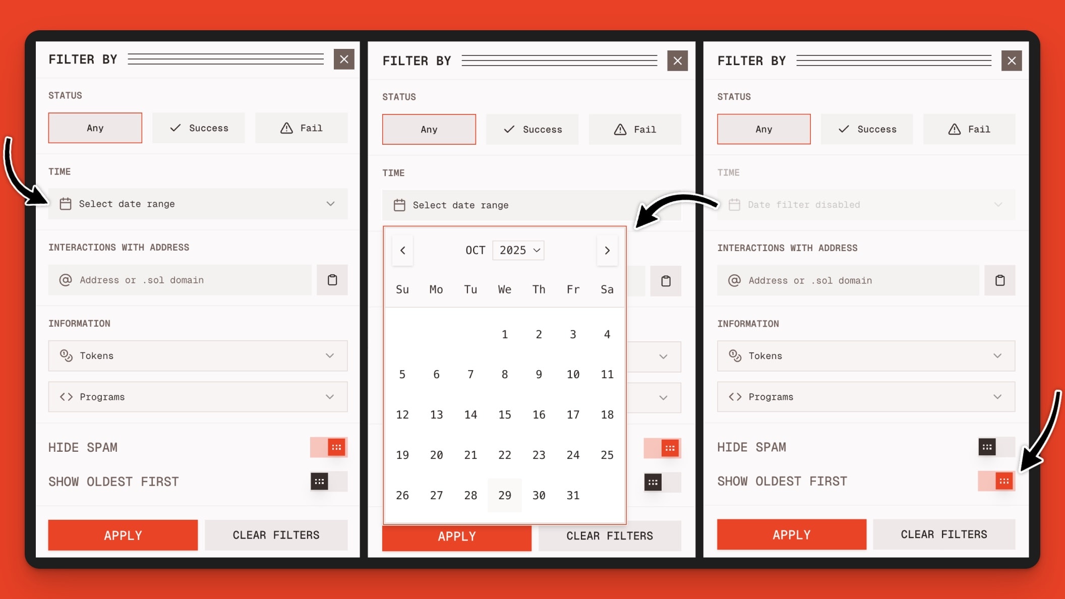 Orb UI 显示 Solana 钱包交易历史记录的基于时间的过滤选项。