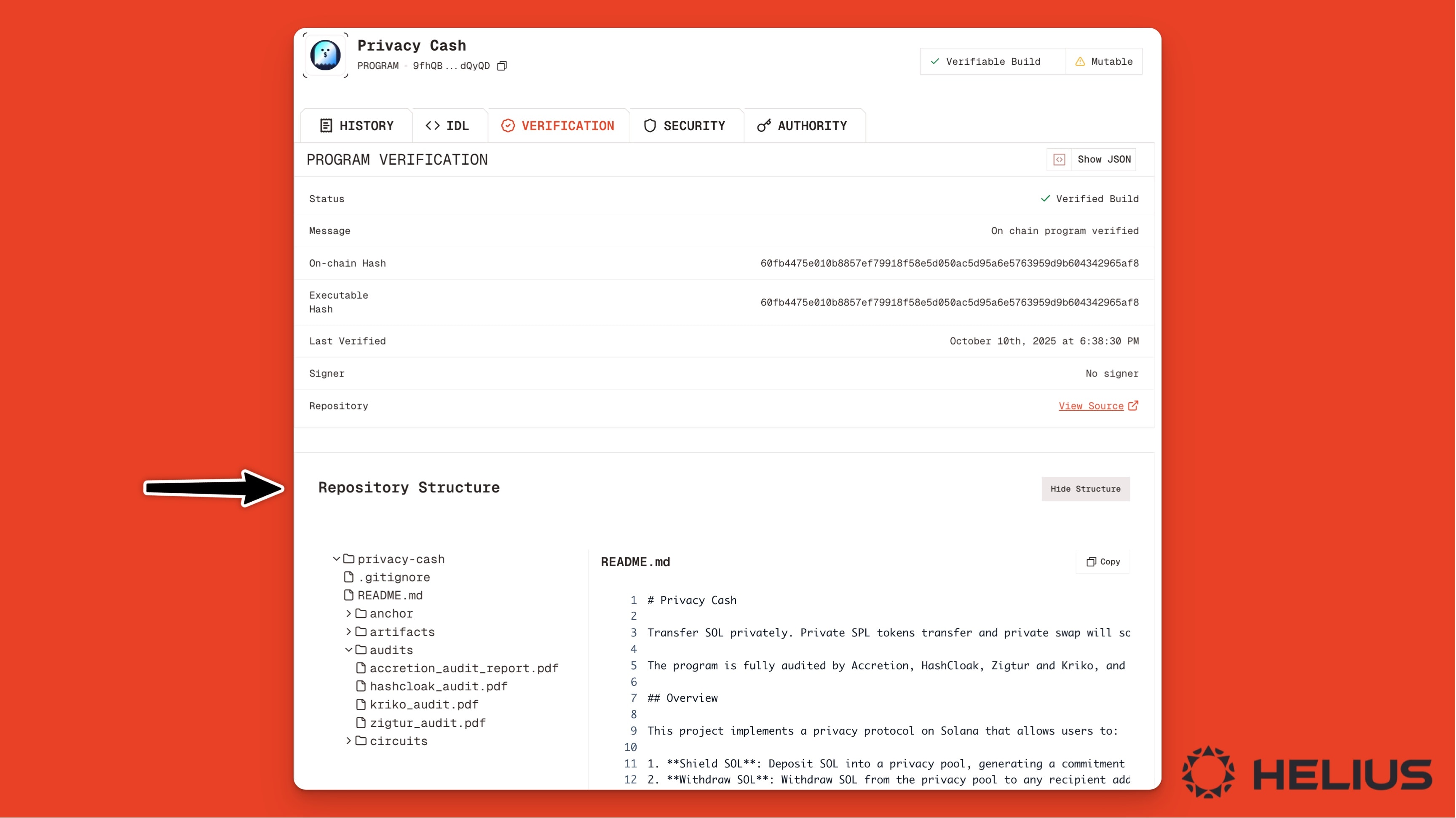 在 Orb 浏览器上查找已验证的 Solana 程序的 IDL 和存储库结构