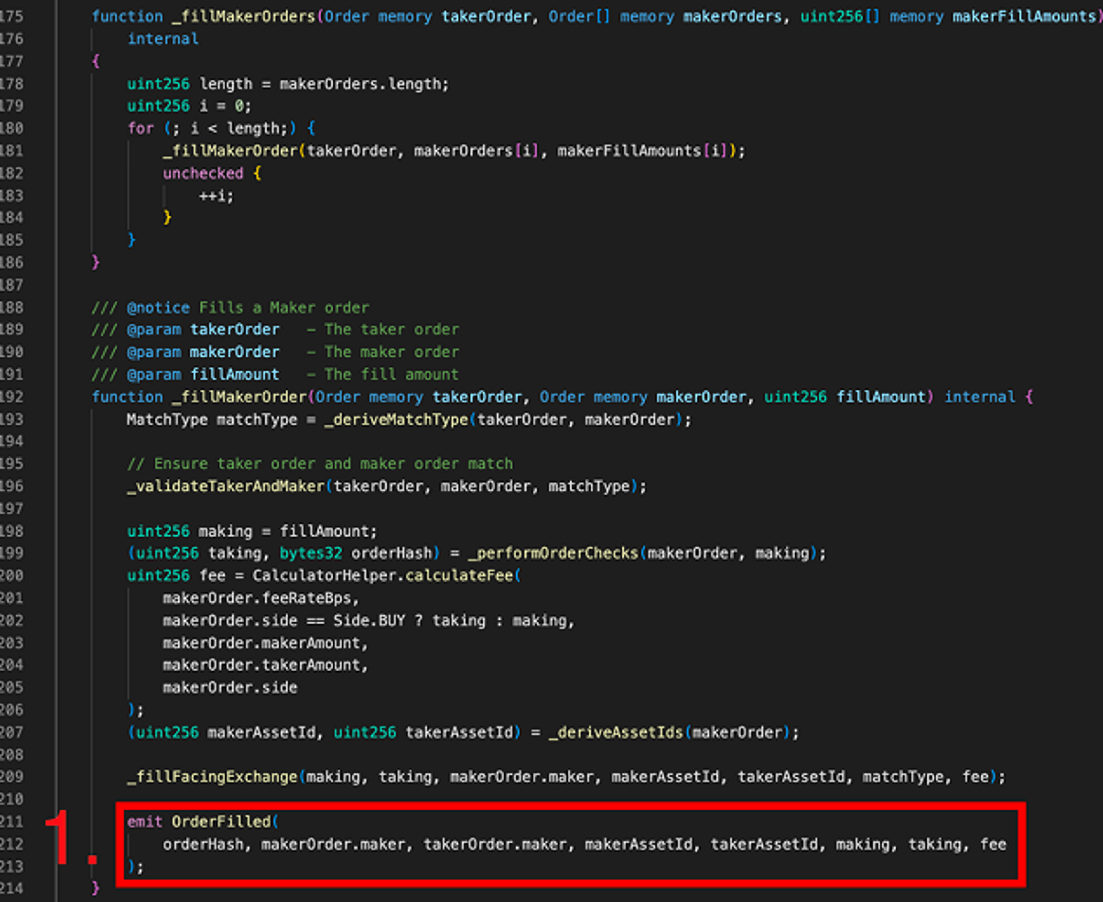 图 1:Polymarket 交易所智能合约的事件发射部分。编号标签对应于上面“事件序列”部分中的项目。RR 拍卖