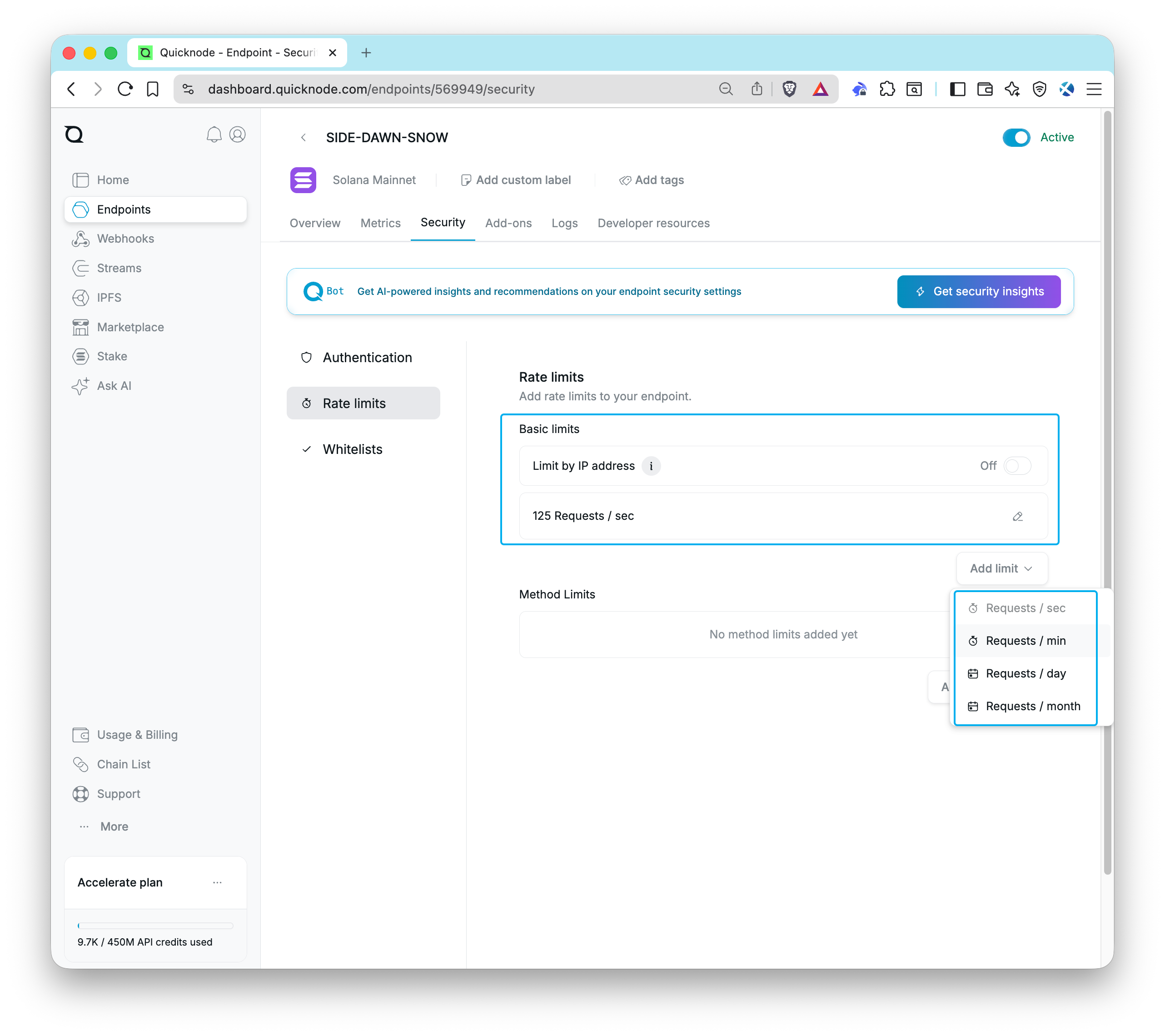 Quicknode 仪表板 - 速率限制