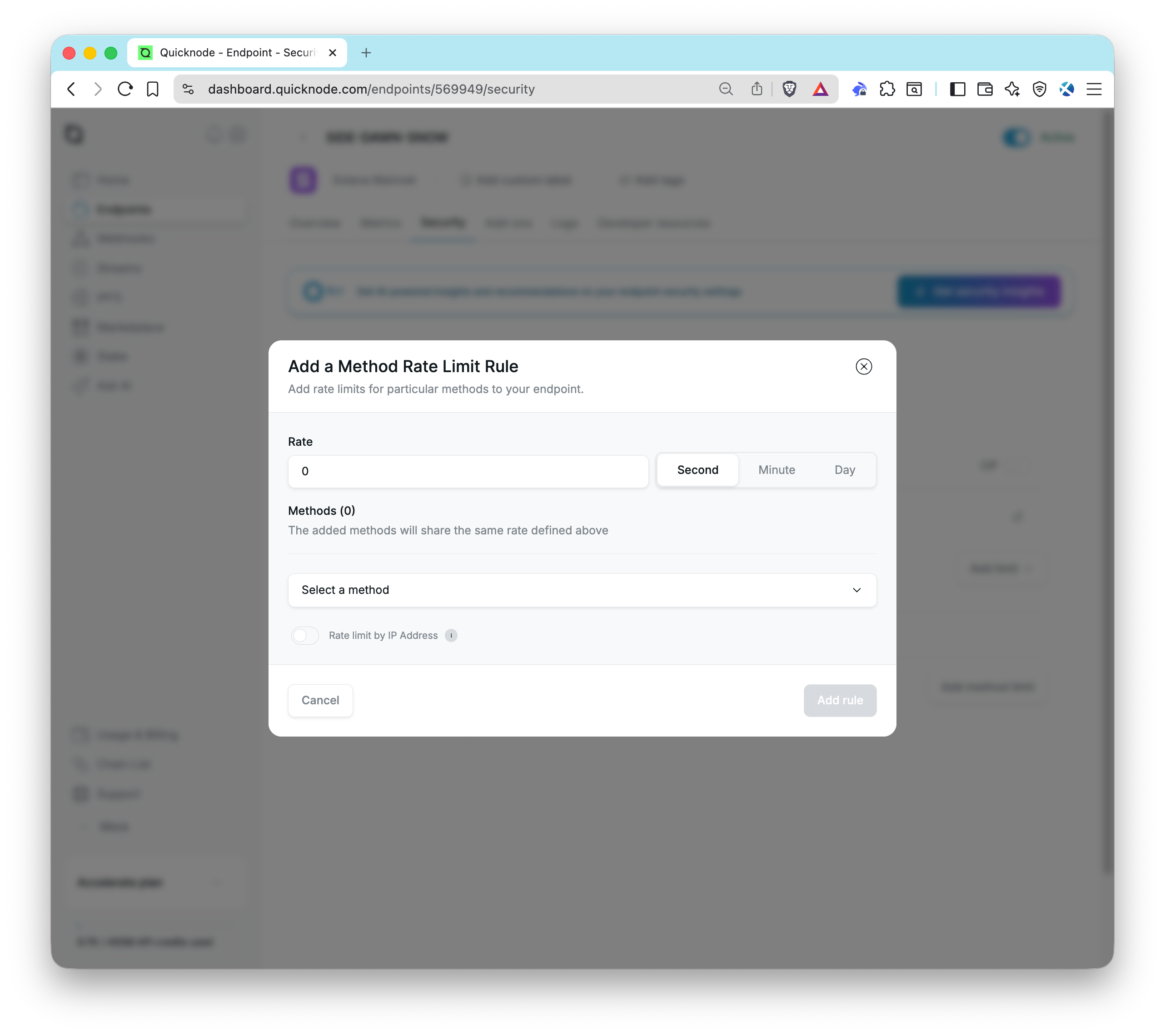 Quicknode 仪表板 - 方法速率限制