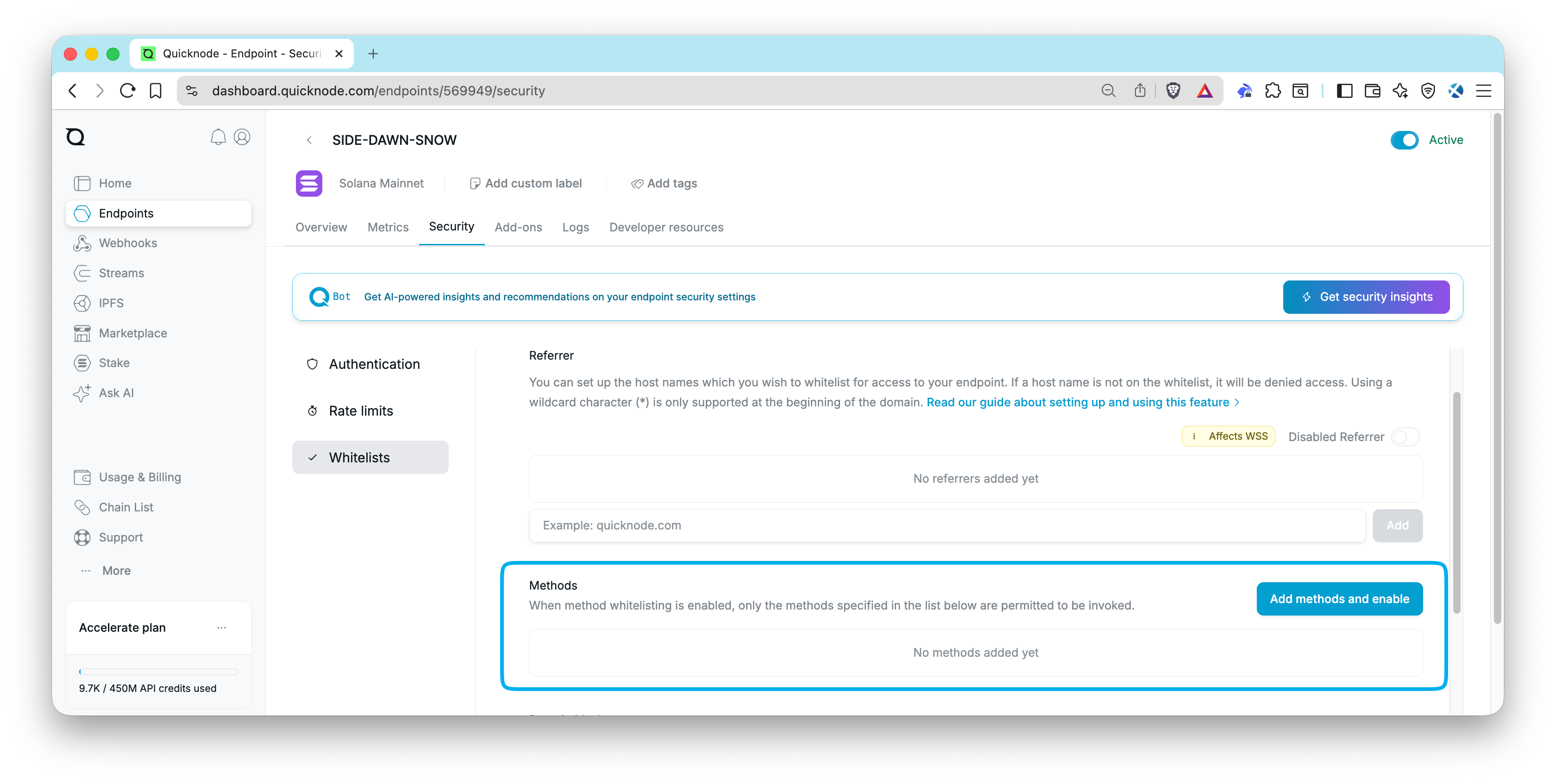 Quicknode 仪表板 - 方法限制