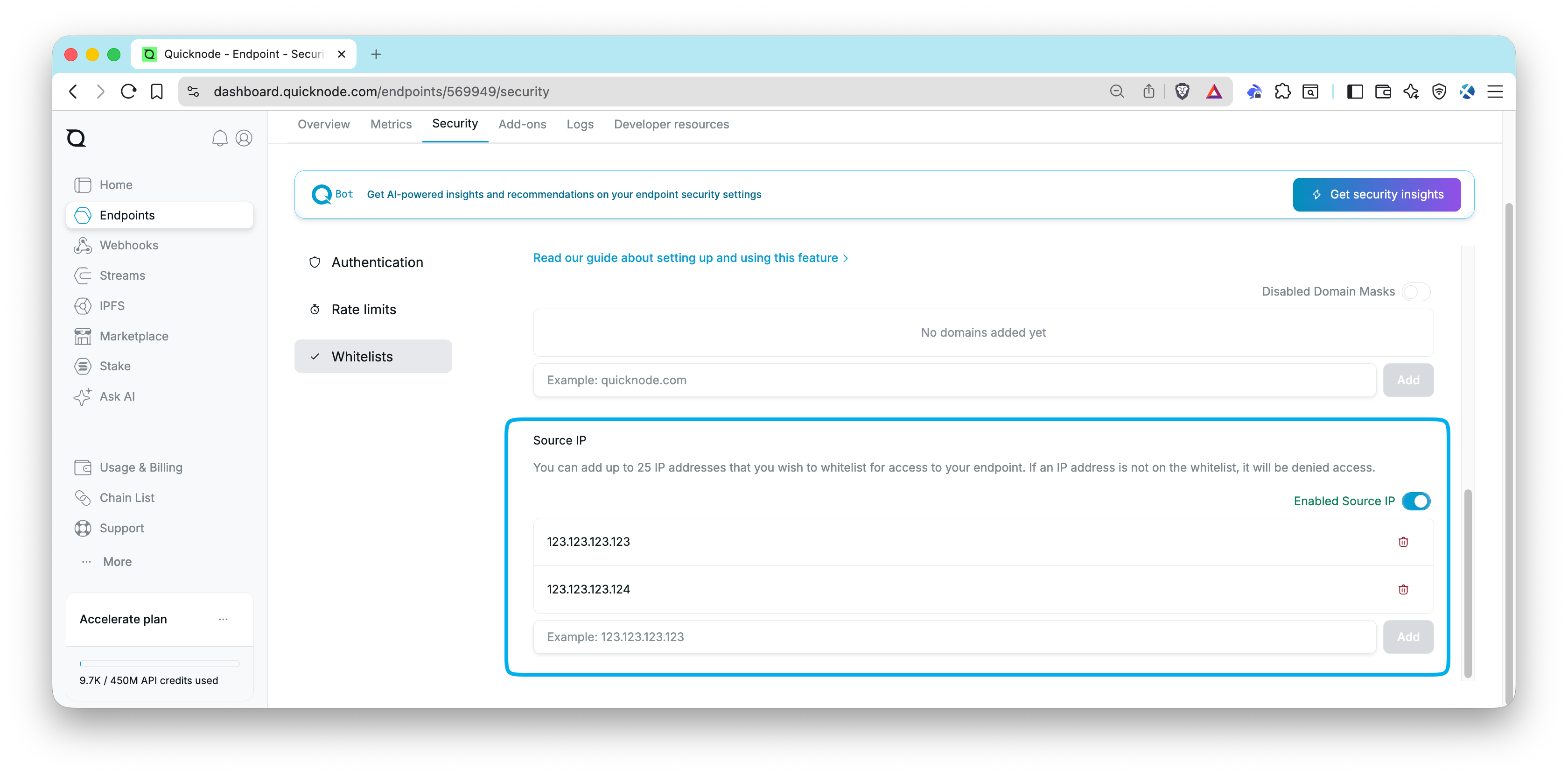 Quicknode 仪表板 - IP 白名单