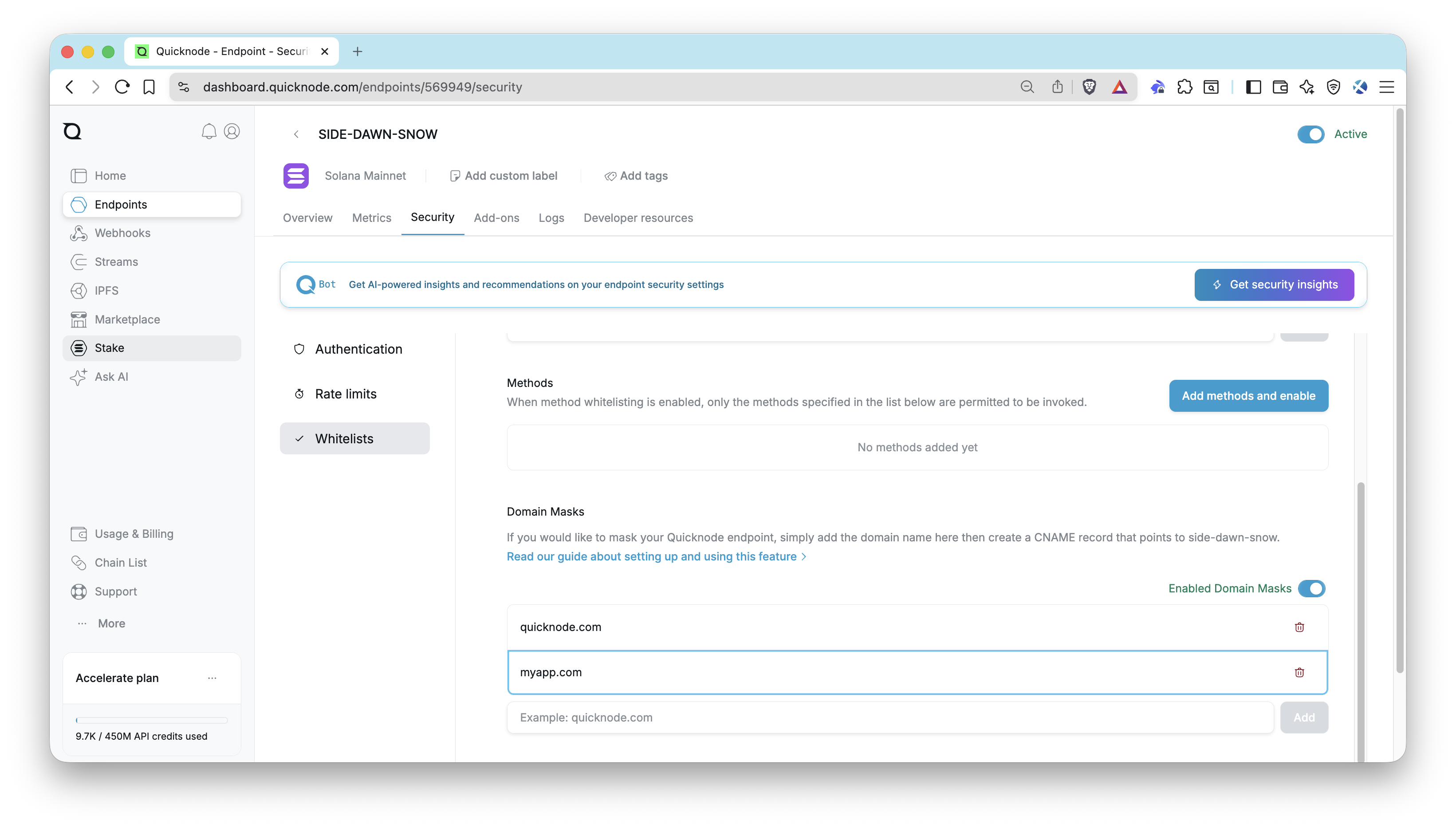 Quicknode 仪表板 - 域名白名单