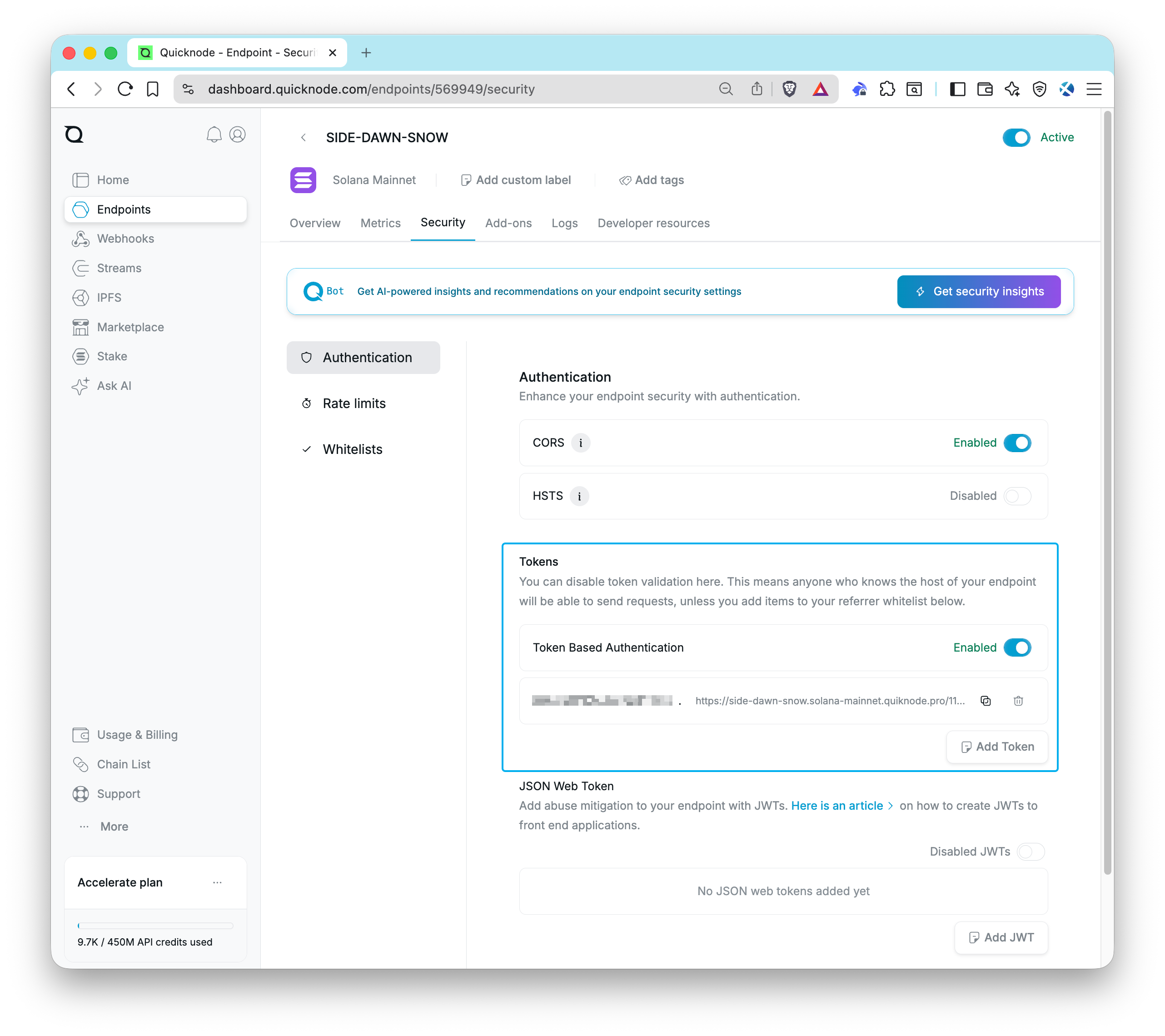 Quicknode 仪表板 - 基于 Token 的身份验证 - 轮换密钥