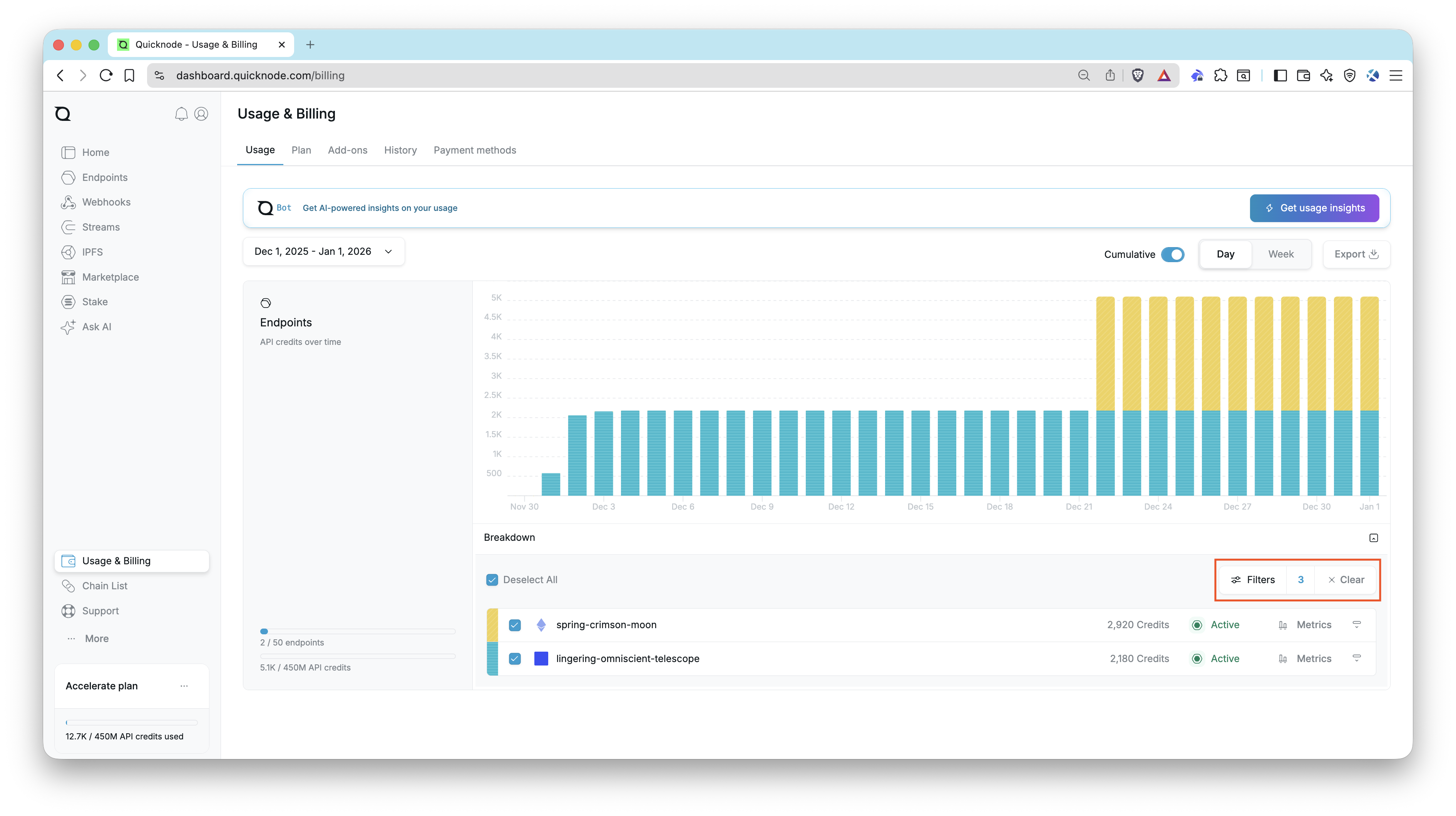 Quicknode 仪表板 - 使用情况过滤器