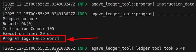 A screenshot showing agave-ledger-tool logs, highlighting a “Hello World” string