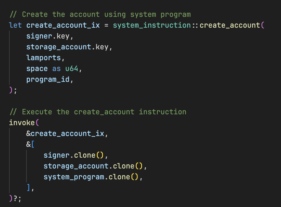 A Rust code snippet showing two steps to create a keypair account: building the create account instruction and performing a cross-program invocation.