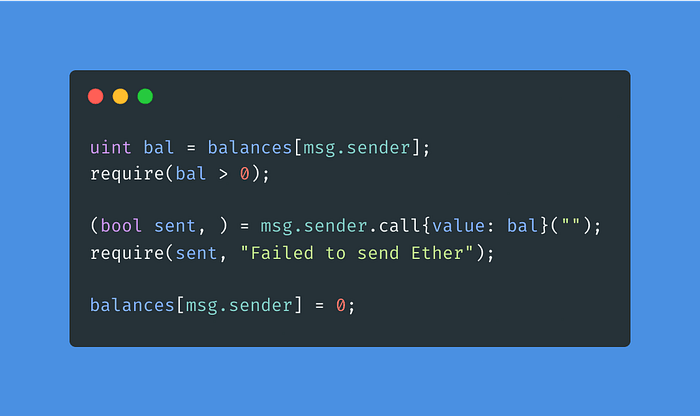 Vulnerable code — balance updated after sending Ether