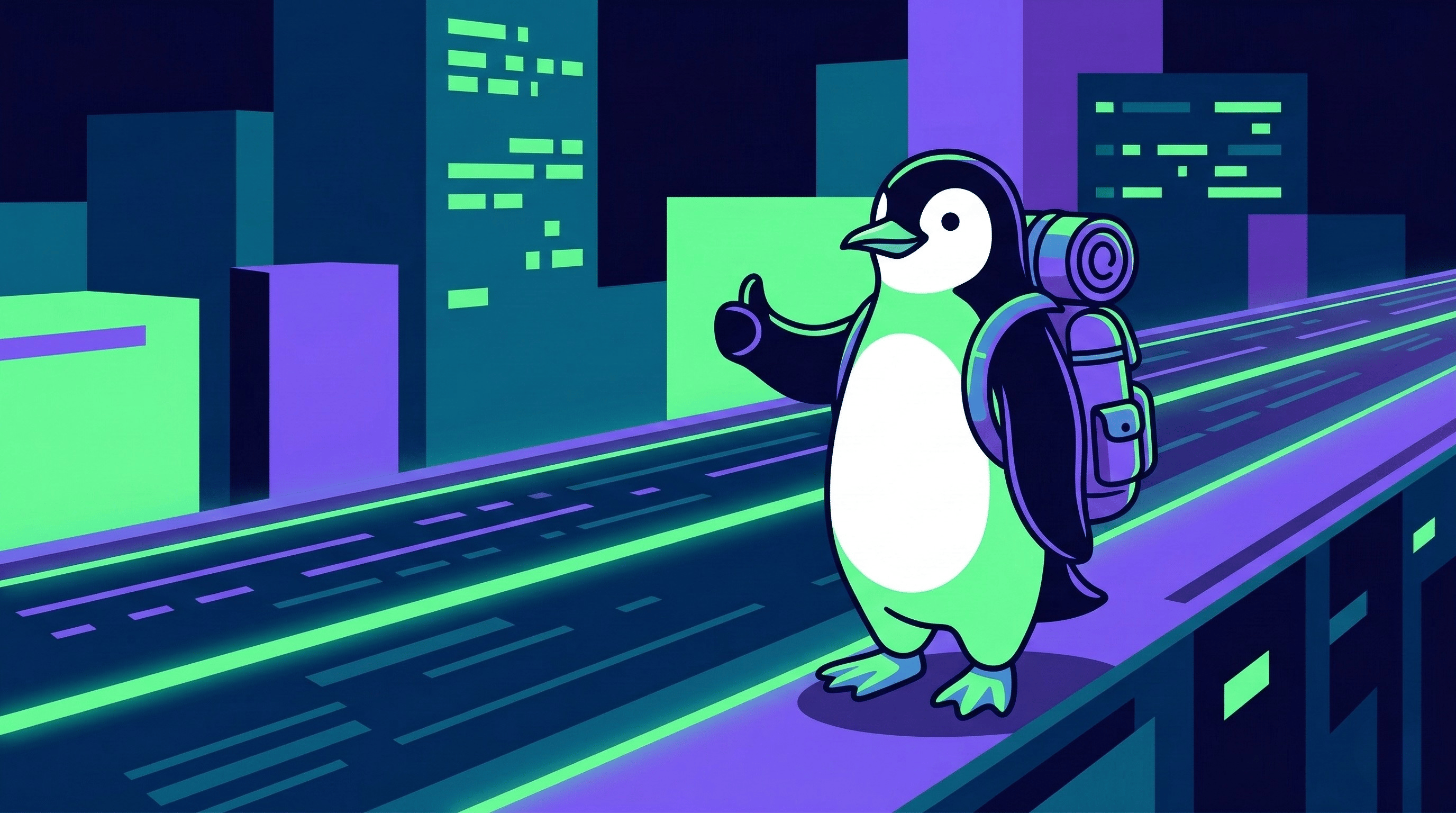 A clean, graphic illustration of a cool penguin wearing a backpack, standing on the side of a digital blockchain highway with its thumb out to hitchhike.