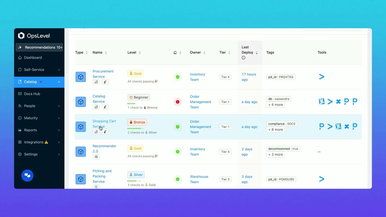 OpsLevel dashboard UI 概览