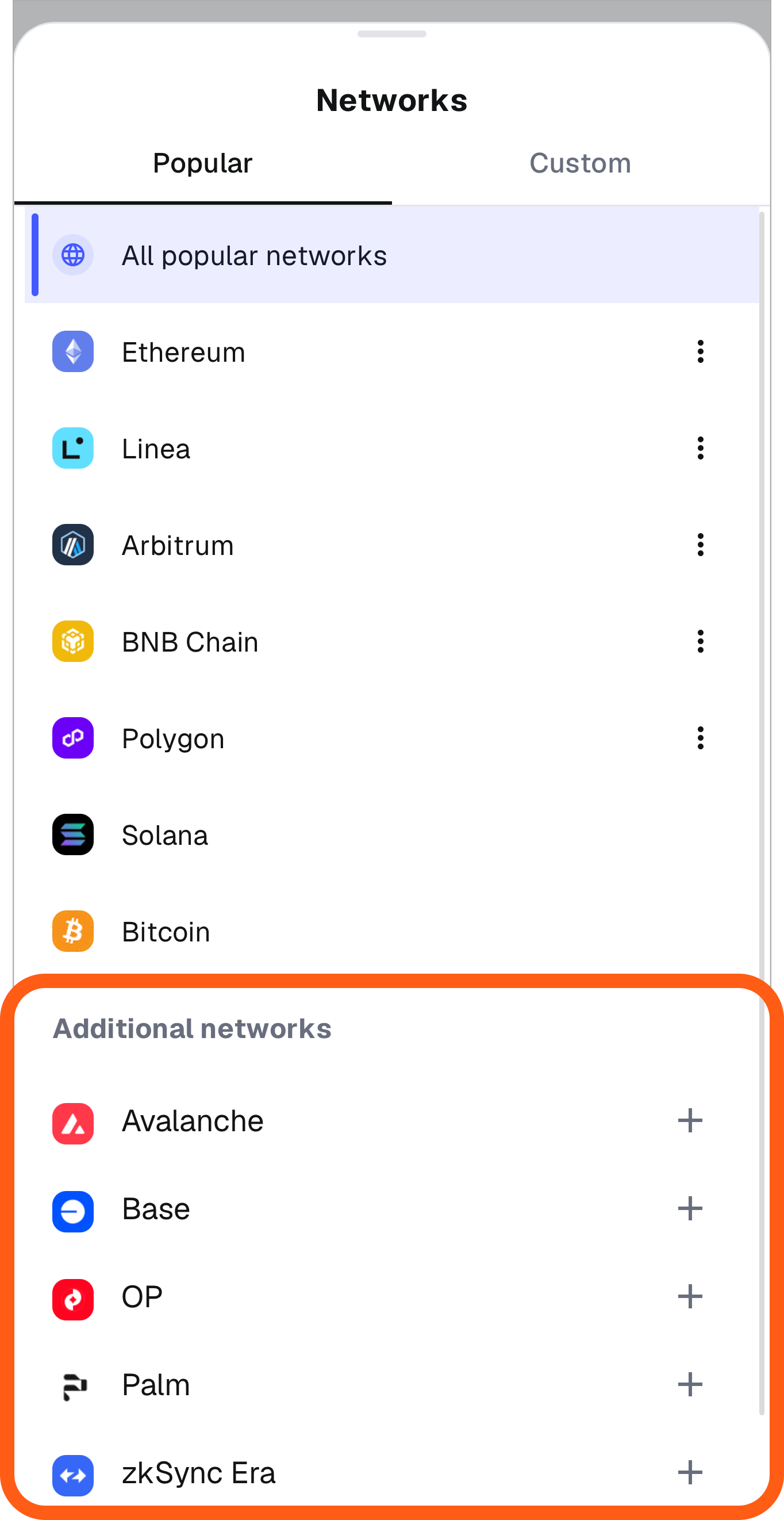 MetaMask 移动端网络菜单其他网络