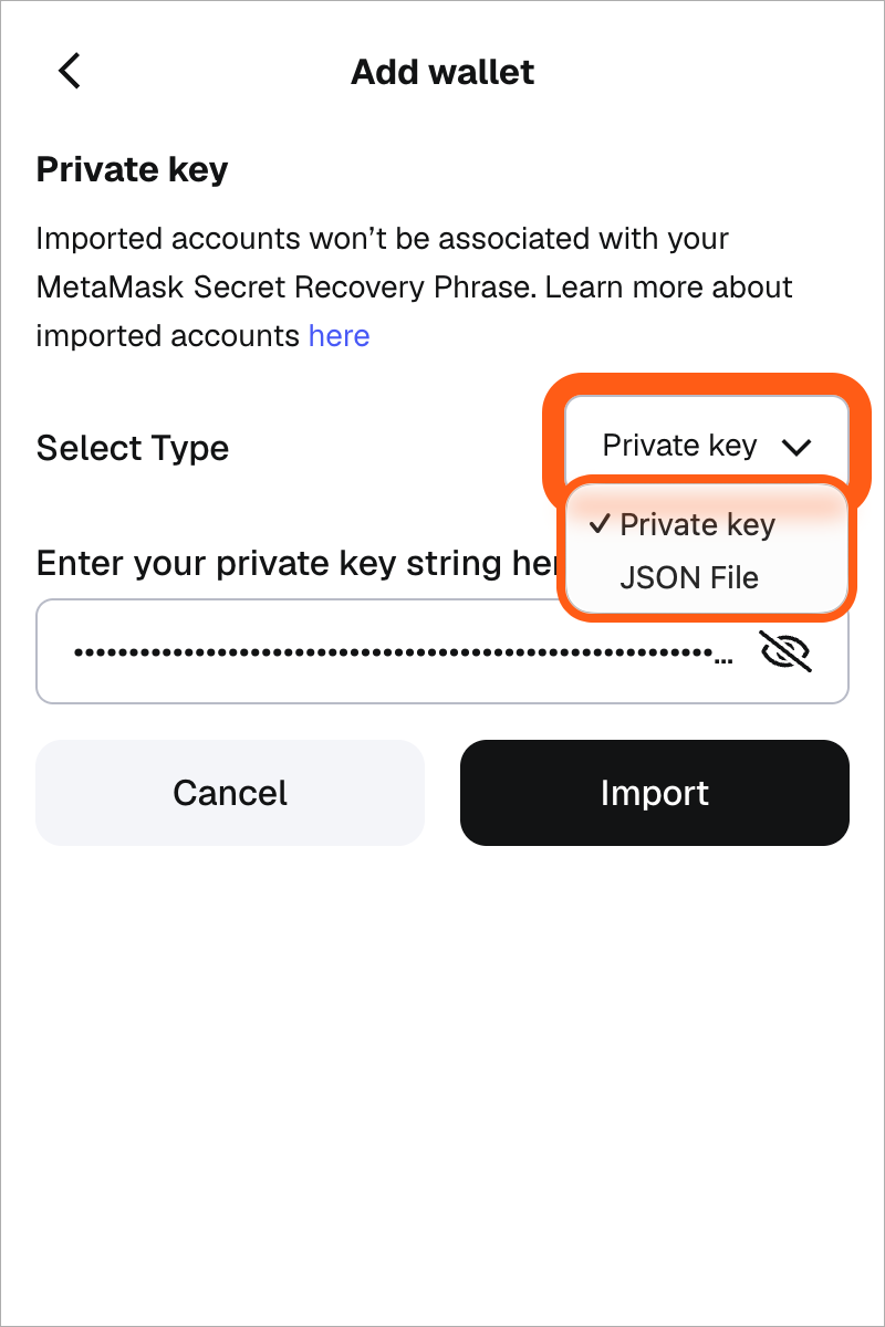 MetaMask 扩展“添加钱包”导入账户时 JSON 文件下拉选项