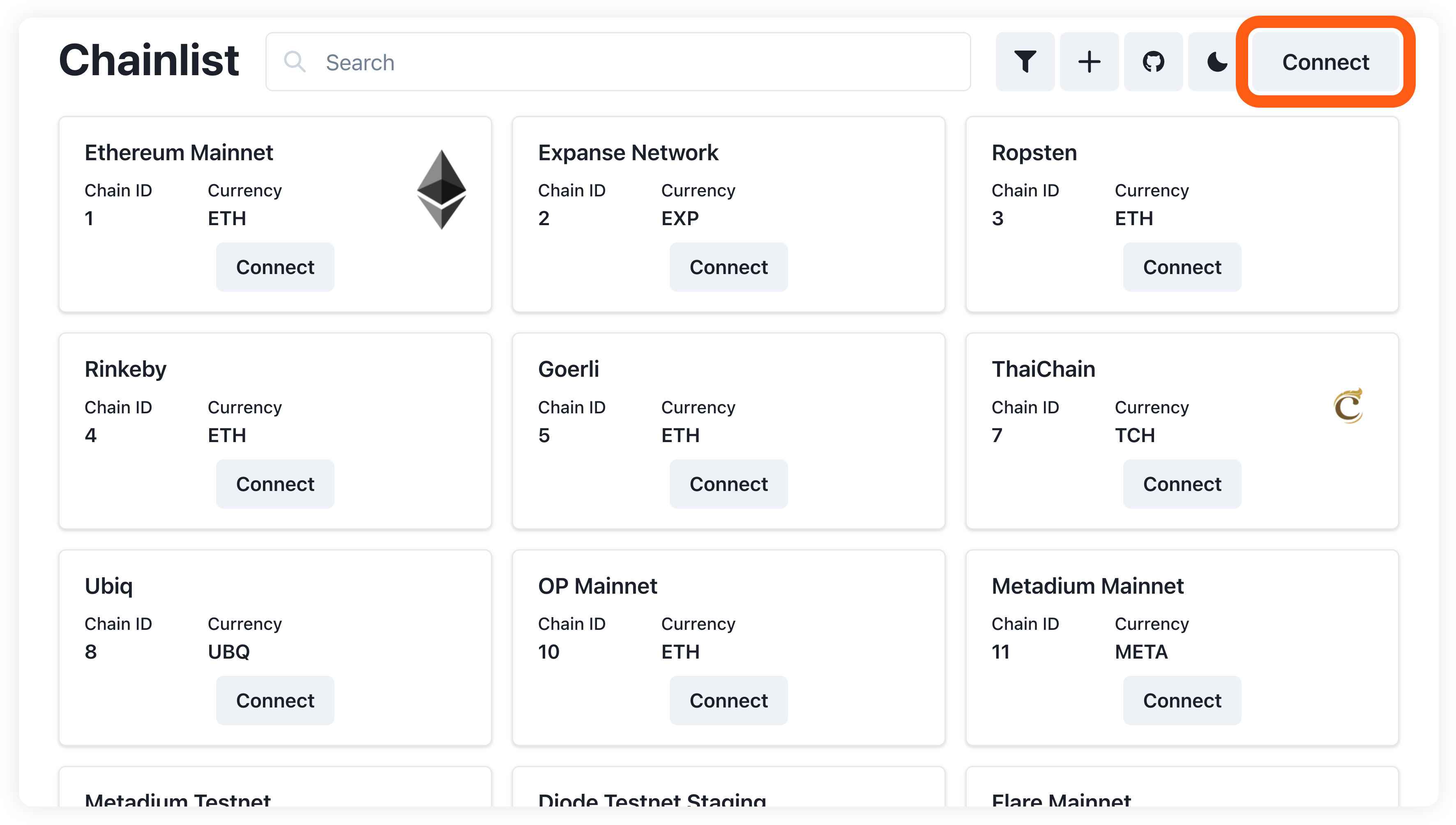 Chainlist 连接网站按钮