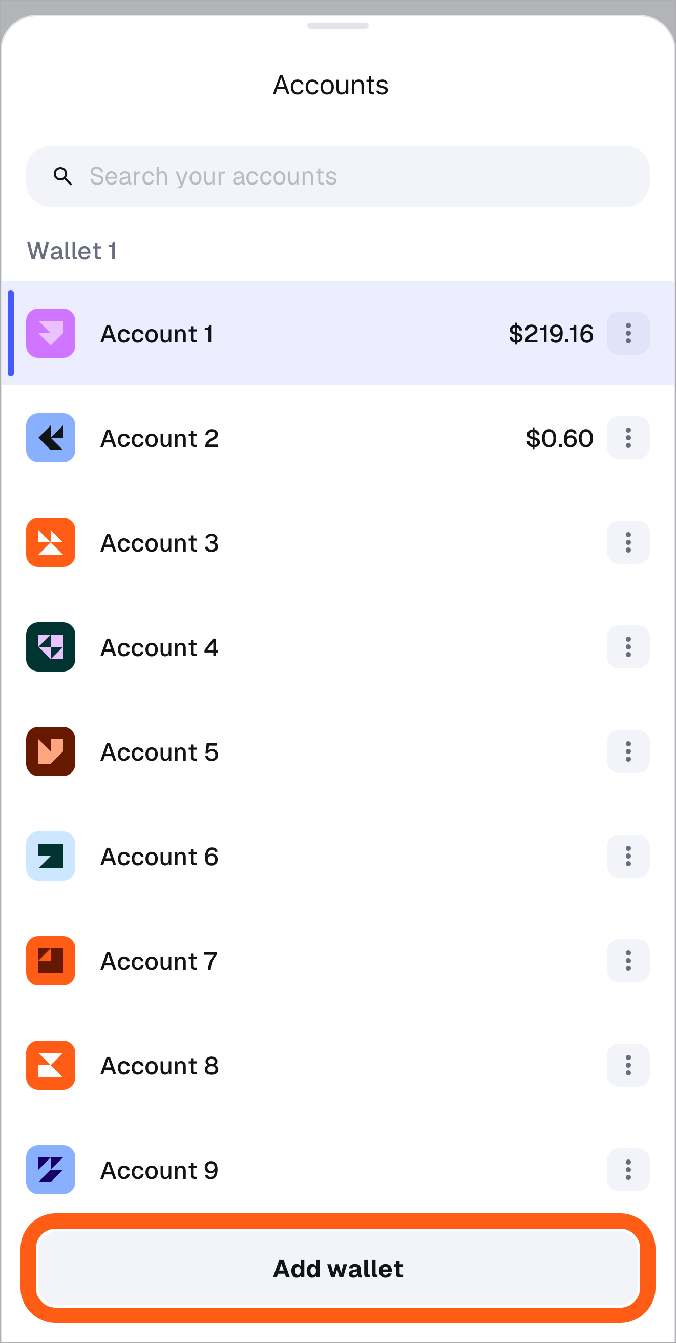 MetaMask 移动应用账户选择器中的“添加钱包”按钮