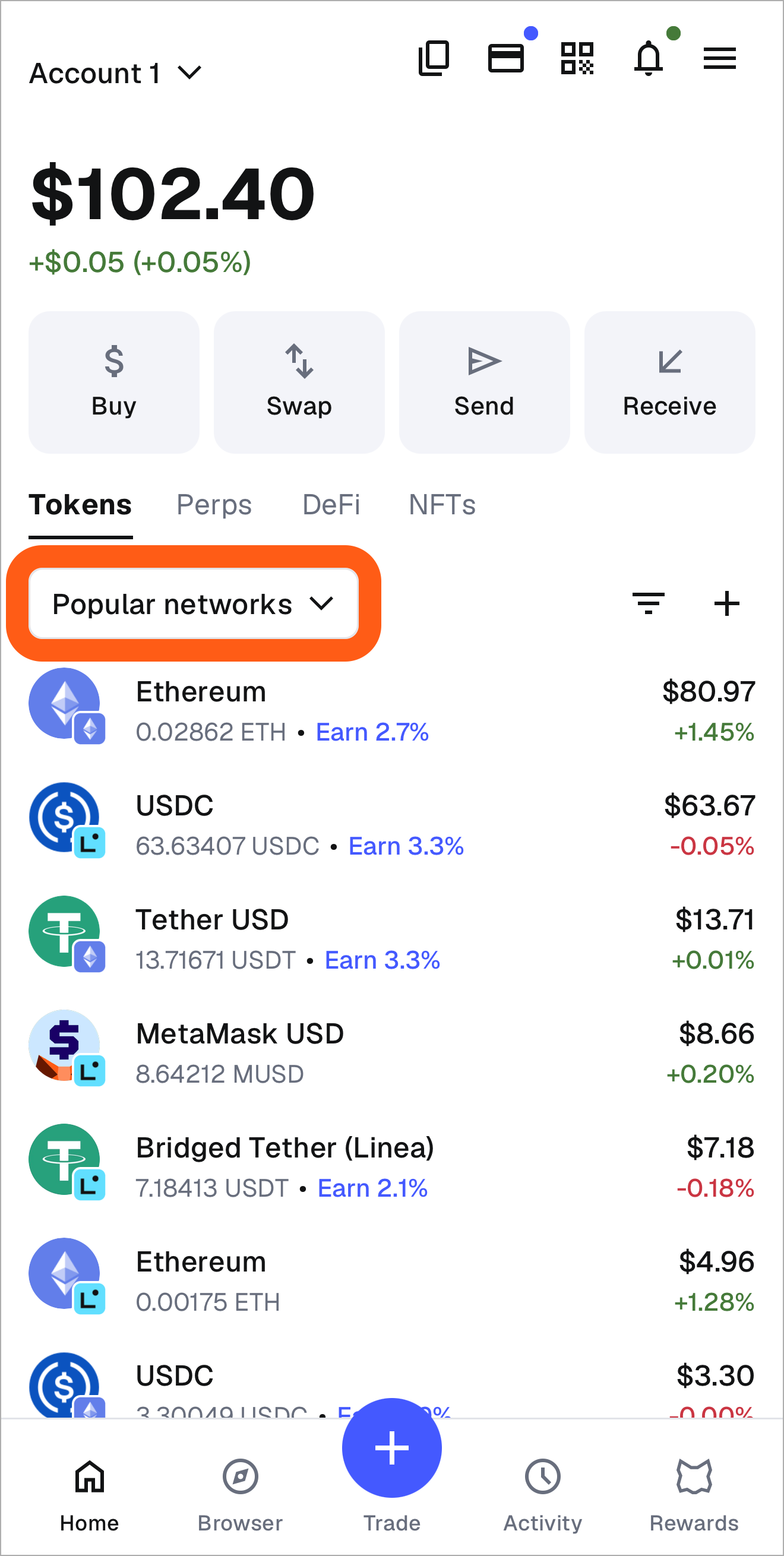 MetaMask 移动端流行网络选项卡