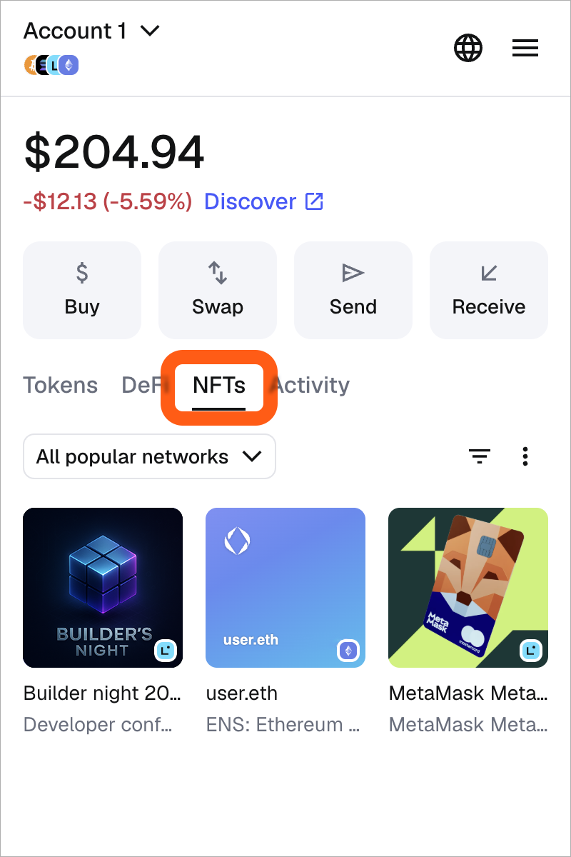 MetaMask扩展程序NFT标签页