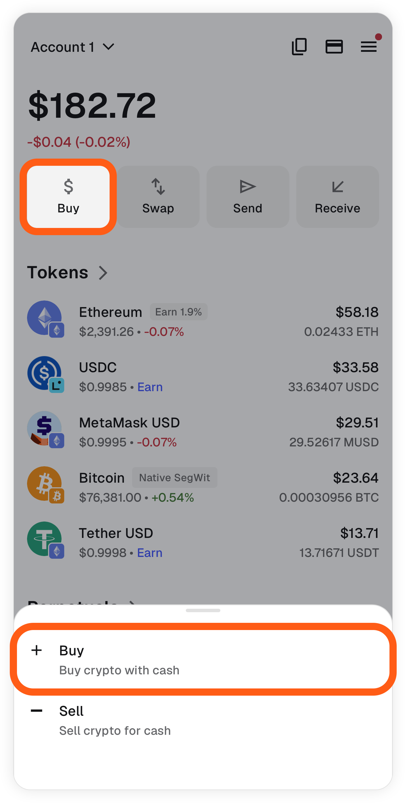 MetaMask 移动端从买卖菜单中的购买选项