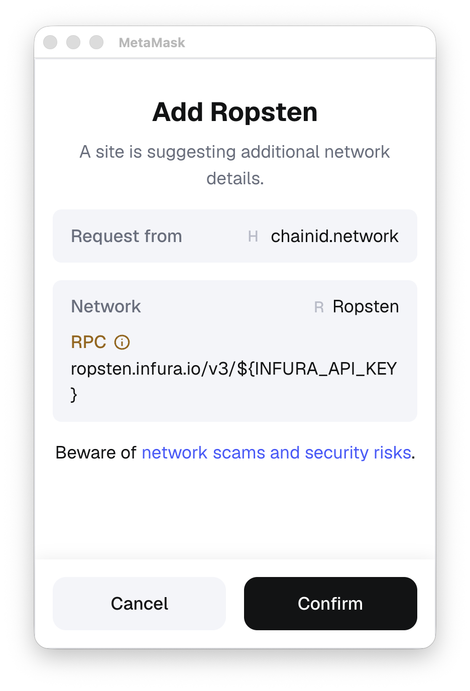 MetaMask 扩展端从 Chainlist 添加网络确认
