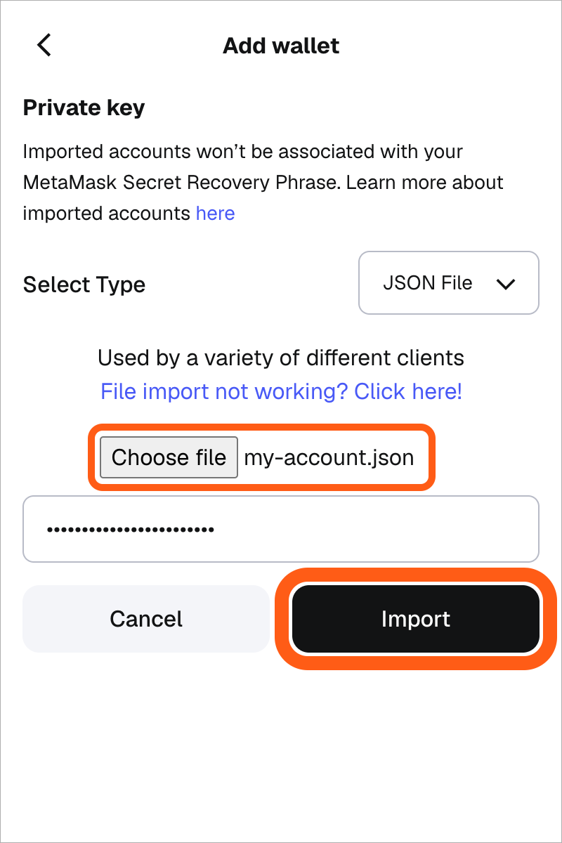 MetaMask 扩展“添加钱包”从 JSON 文件导入账户