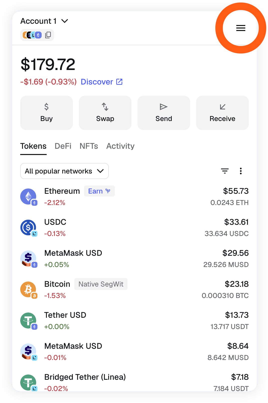 MetaMask 扩展程序定位菜单设置图标