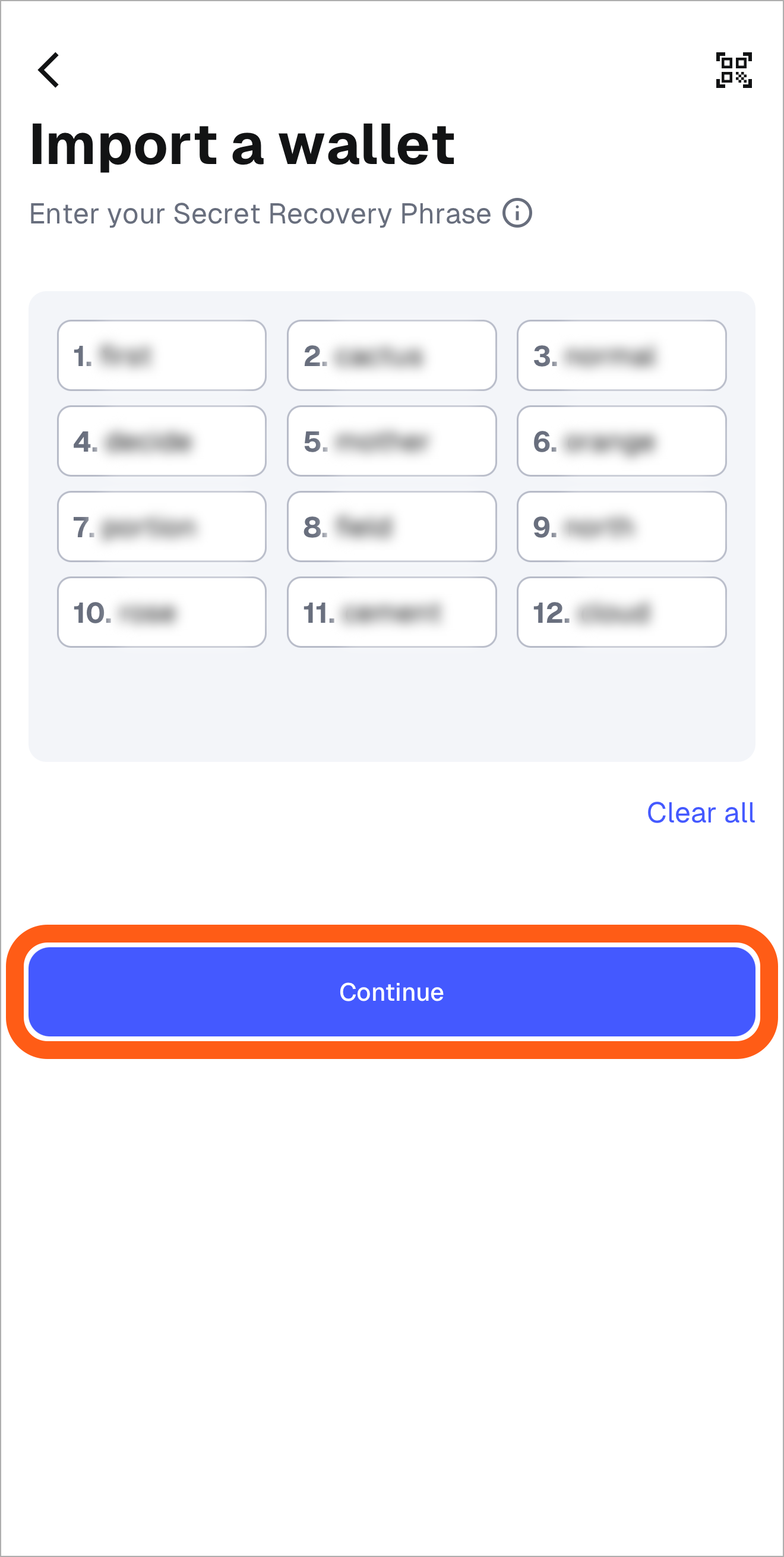 MetaMask 移动应用“添加钱包”输入秘密恢复短语