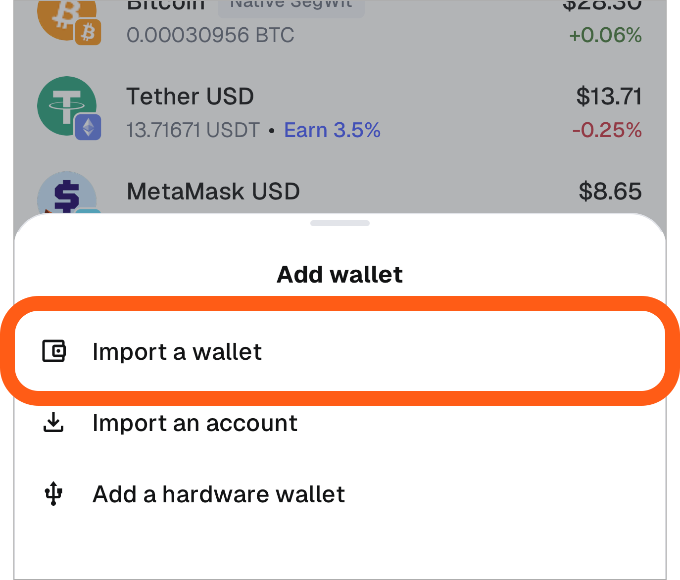 MetaMask 移动应用“添加钱包”中的“导入钱包”