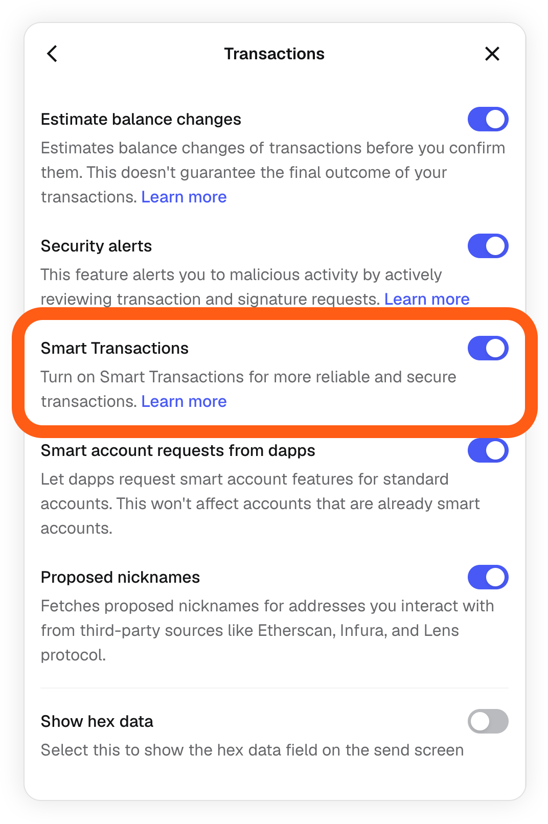 MetaMask 扩展程序定位设置中的 Smart Transactions 开关