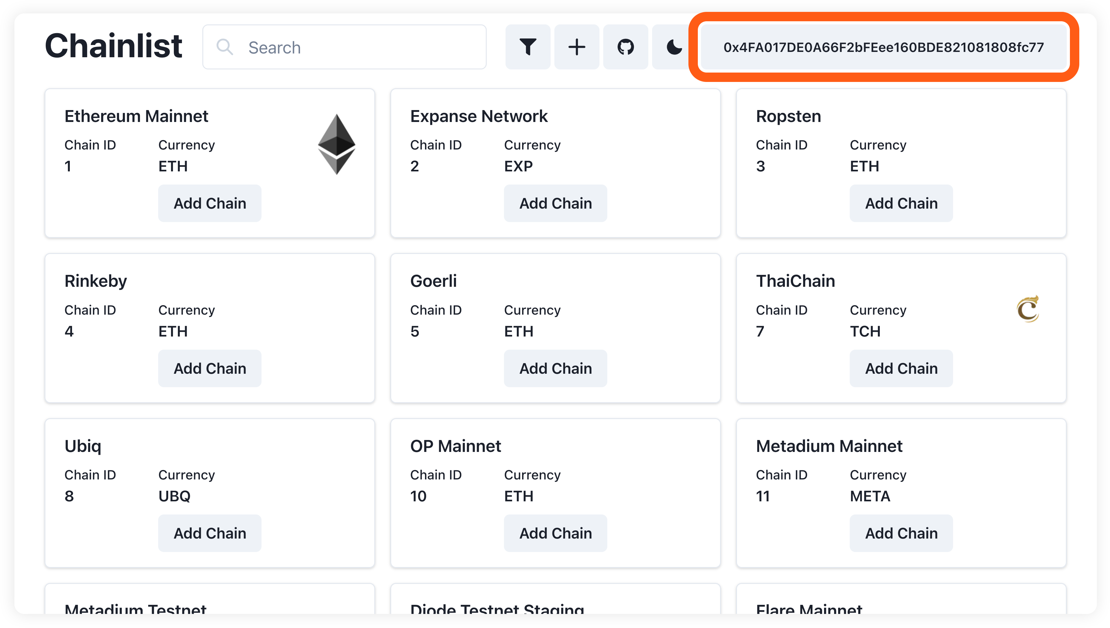 Chainlist 已连接地址