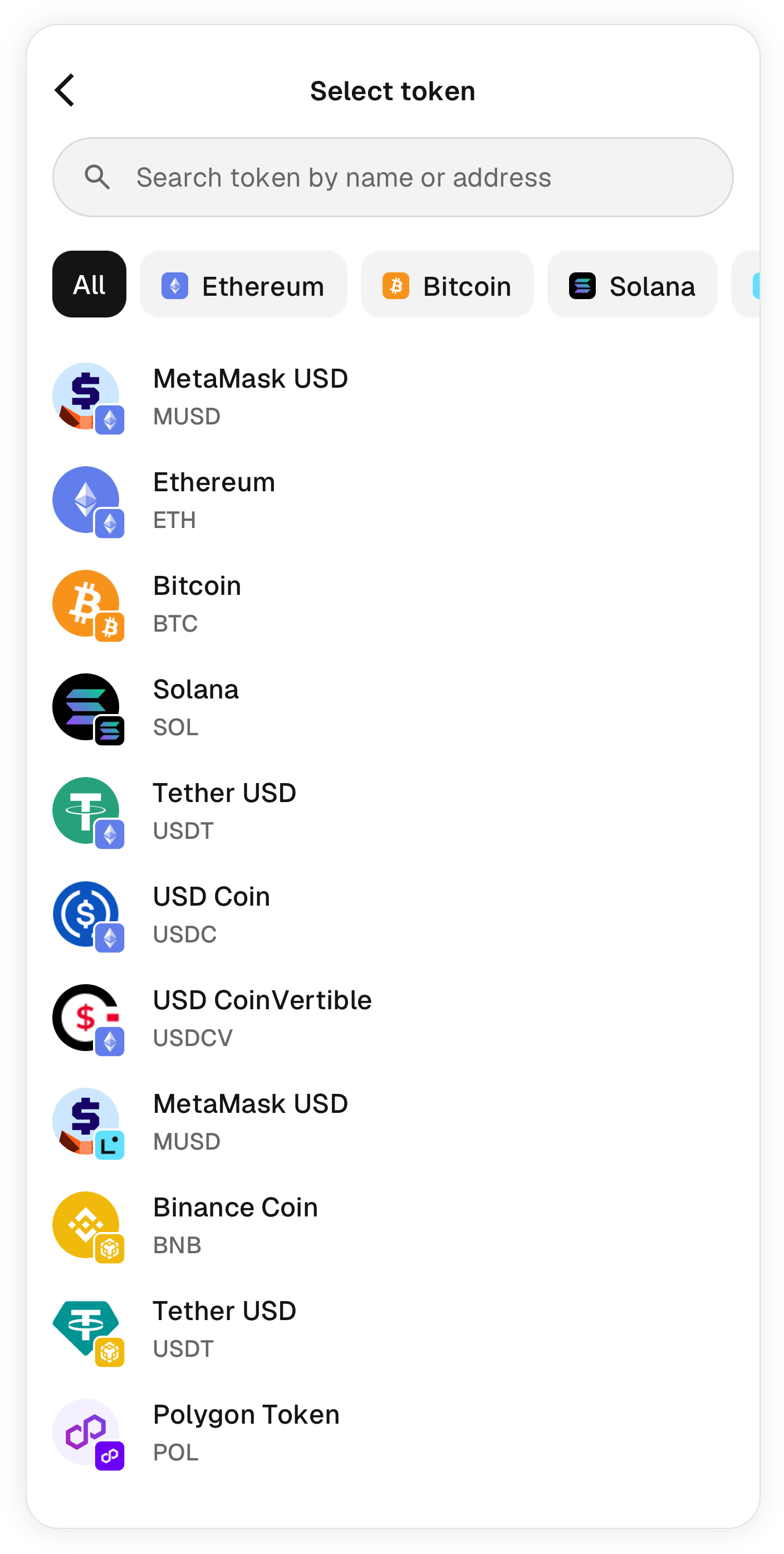 MetaMask 移动端购买时选择或搜索代币
