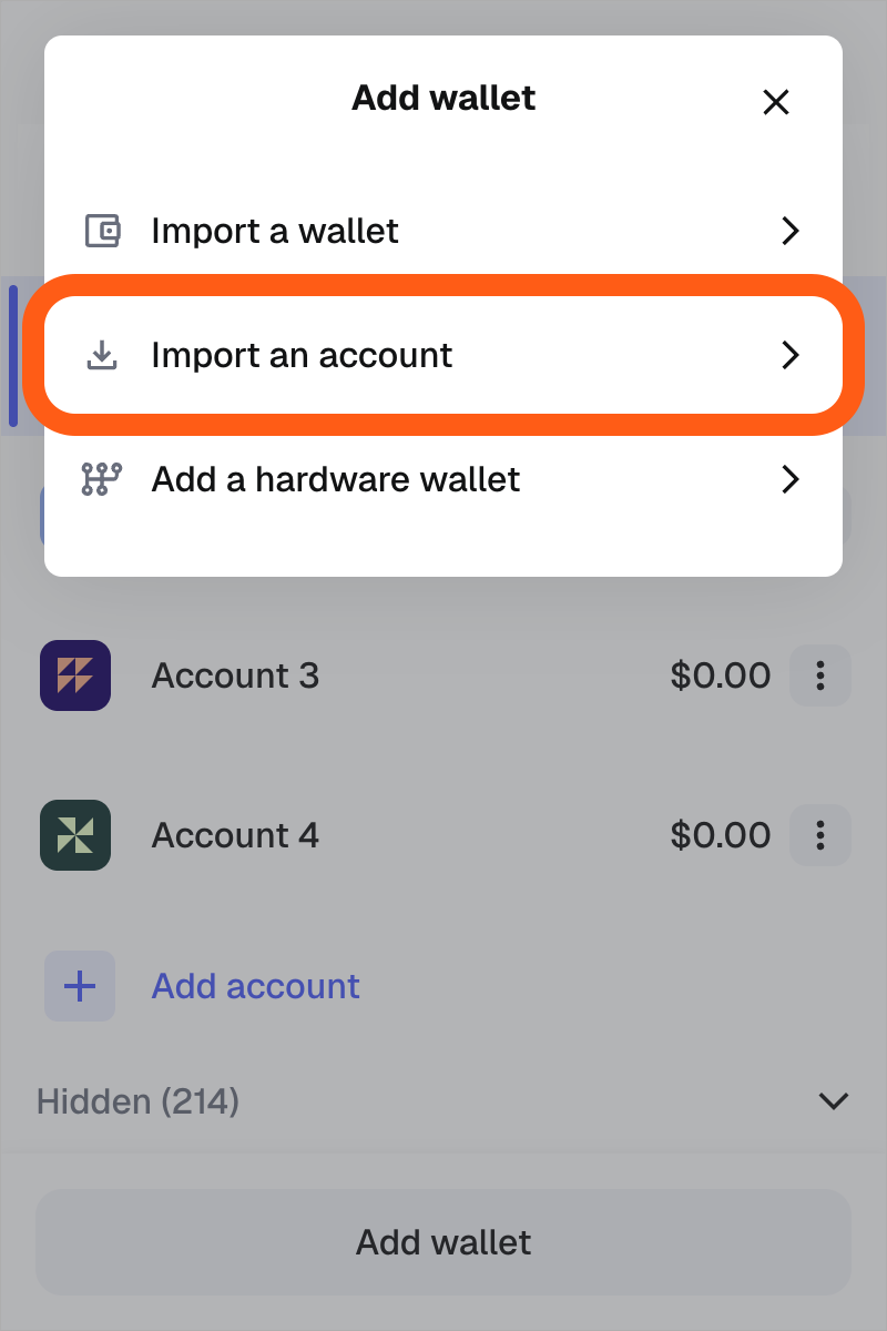 MetaMask 扩展“添加钱包”中的“导入账户”