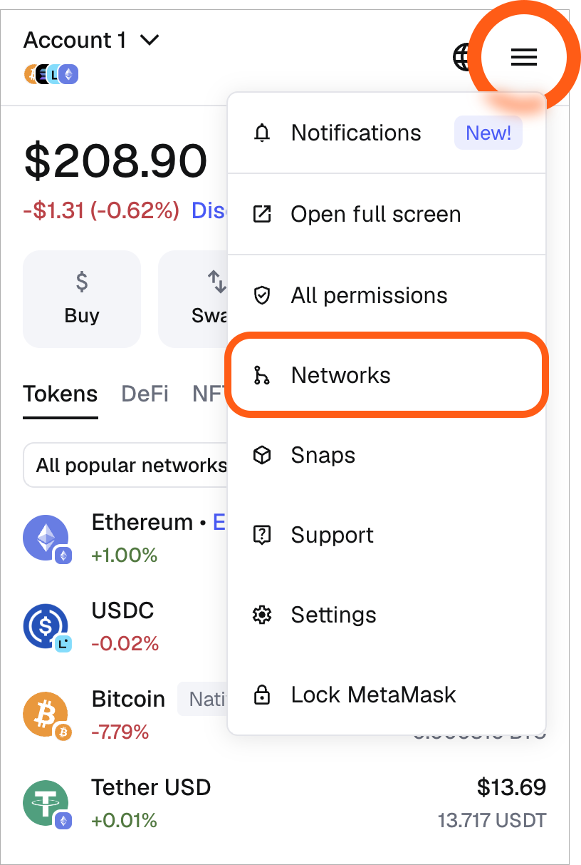MetaMask 扩展端下拉菜单网络