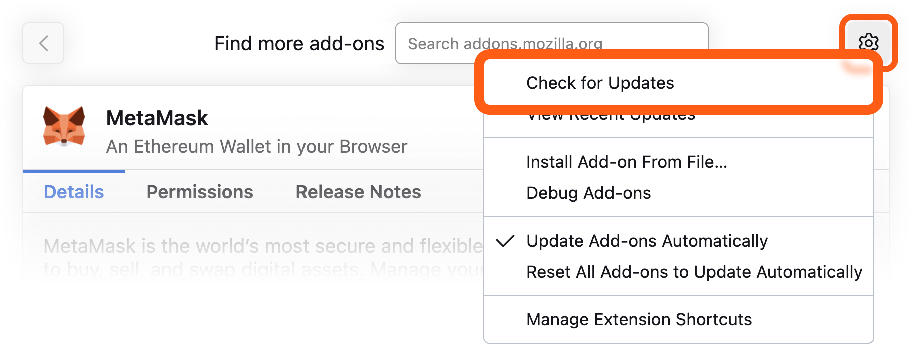 Firefox MetaMask 扩展程序更新按钮