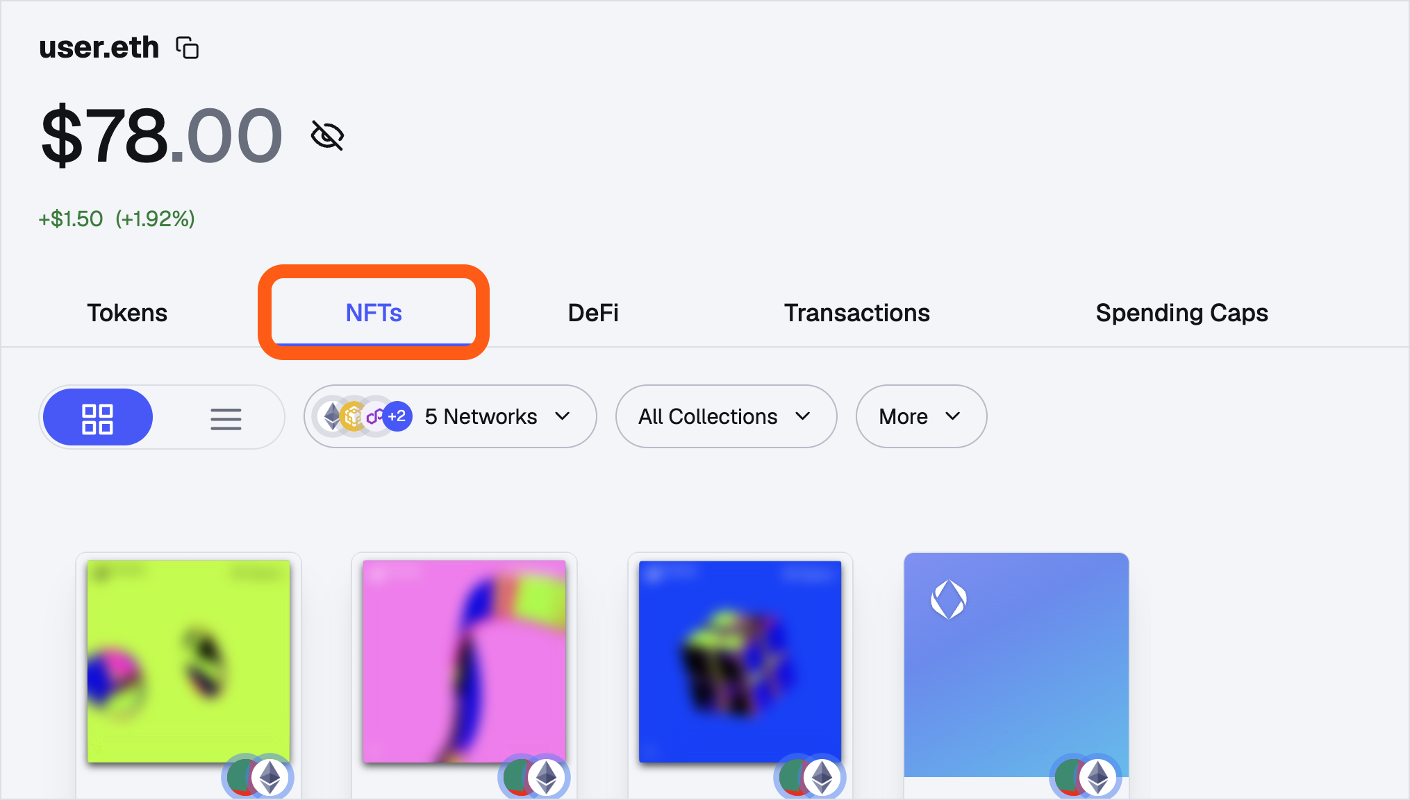 MetaMask Portfolio NFT 标签页示例