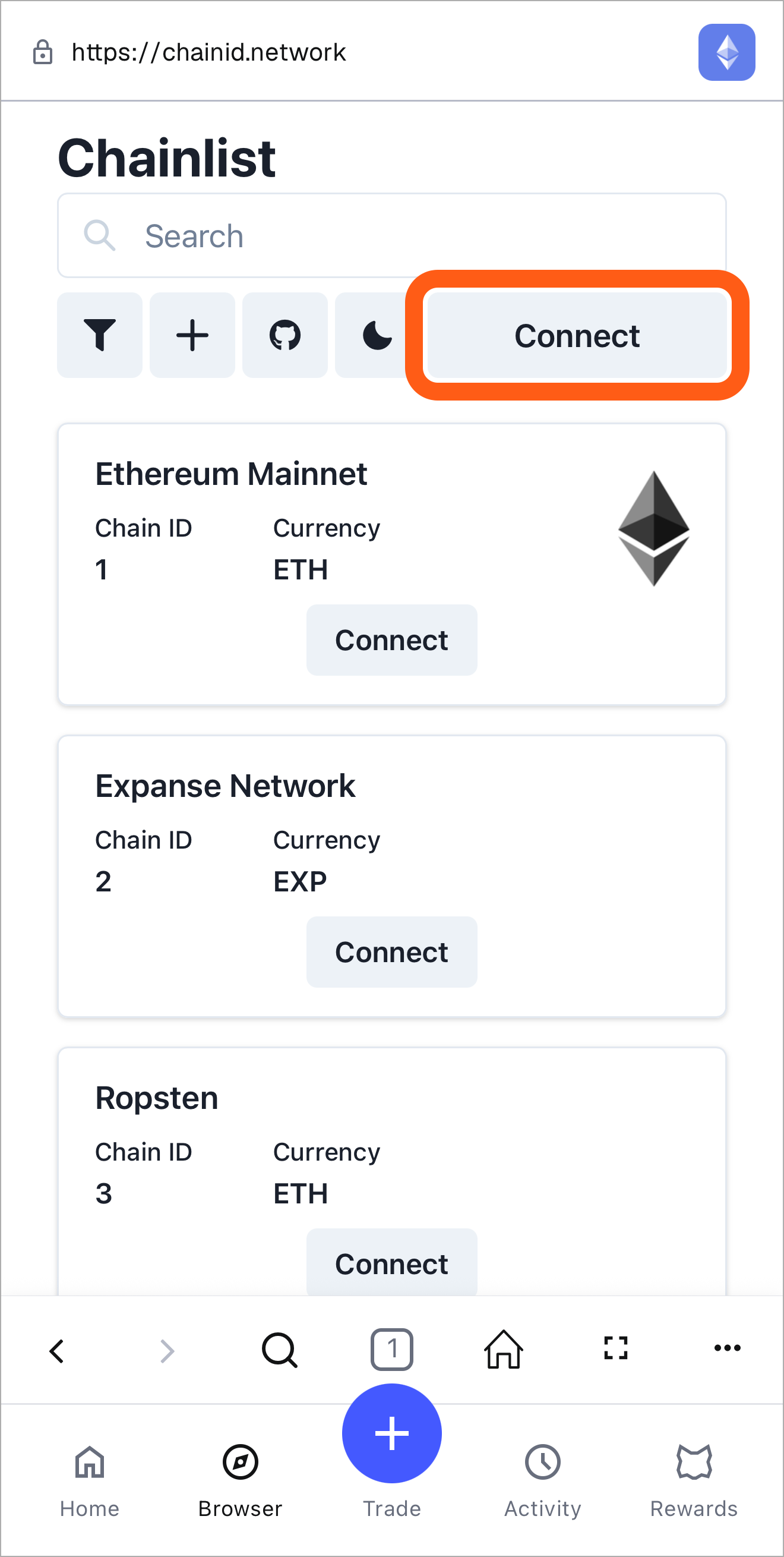 MetaMask 移动端 Chainlist 连接网站按钮